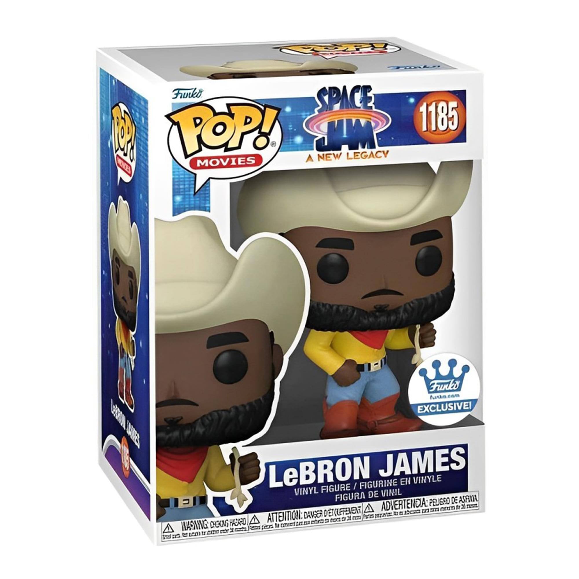 Sure, here is the corrected and grouped text from the image:

---

**Top Left:**
- Funko
- POP! MOVIES

**Top Center:**
- SPACE JAM: A NEW LEGACY
- 1185

**Center:**
- LeBRON JAMES
- VINYL FIGURE / FIGURINE EN VINYLE
- FIGURA DE VINIL
- FIGURA DE VINIL

**Bottom Center:**
- EXCLUSIVE!

**Bottom Left:**
- WARNING: CHOKING HAZARD - Small parts. Not for children under 3 years.
- ATTENTION: PELIGRO DE AHOGO - Piezas pequeñas. No es para niños menores de 3 años.
- AVERTISSEMENT: PELIGRE DE SOUFFOCATION - Petits éléments. Ne convient pas aux enfants de moins de 3 ans.

**Bottom Right:**
- Funko
- Funko.com

**Bottom Center (in small text):**
- LeBRON JAMES

---