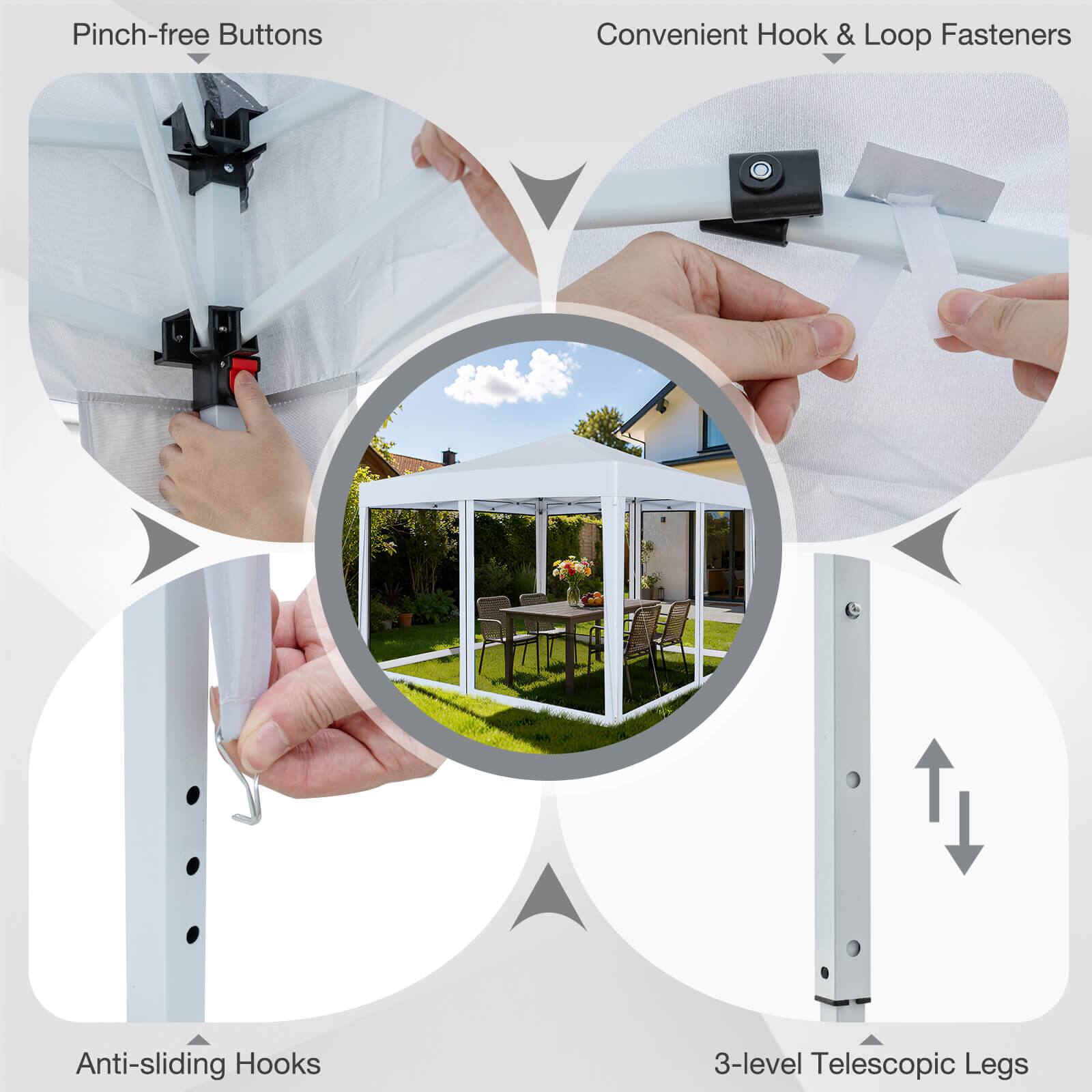 - Pinch-free Buttons
- Convenient Hook & Loop Fasteners
- Anti-sliding Hooks
- 3-level Telescopic Legs