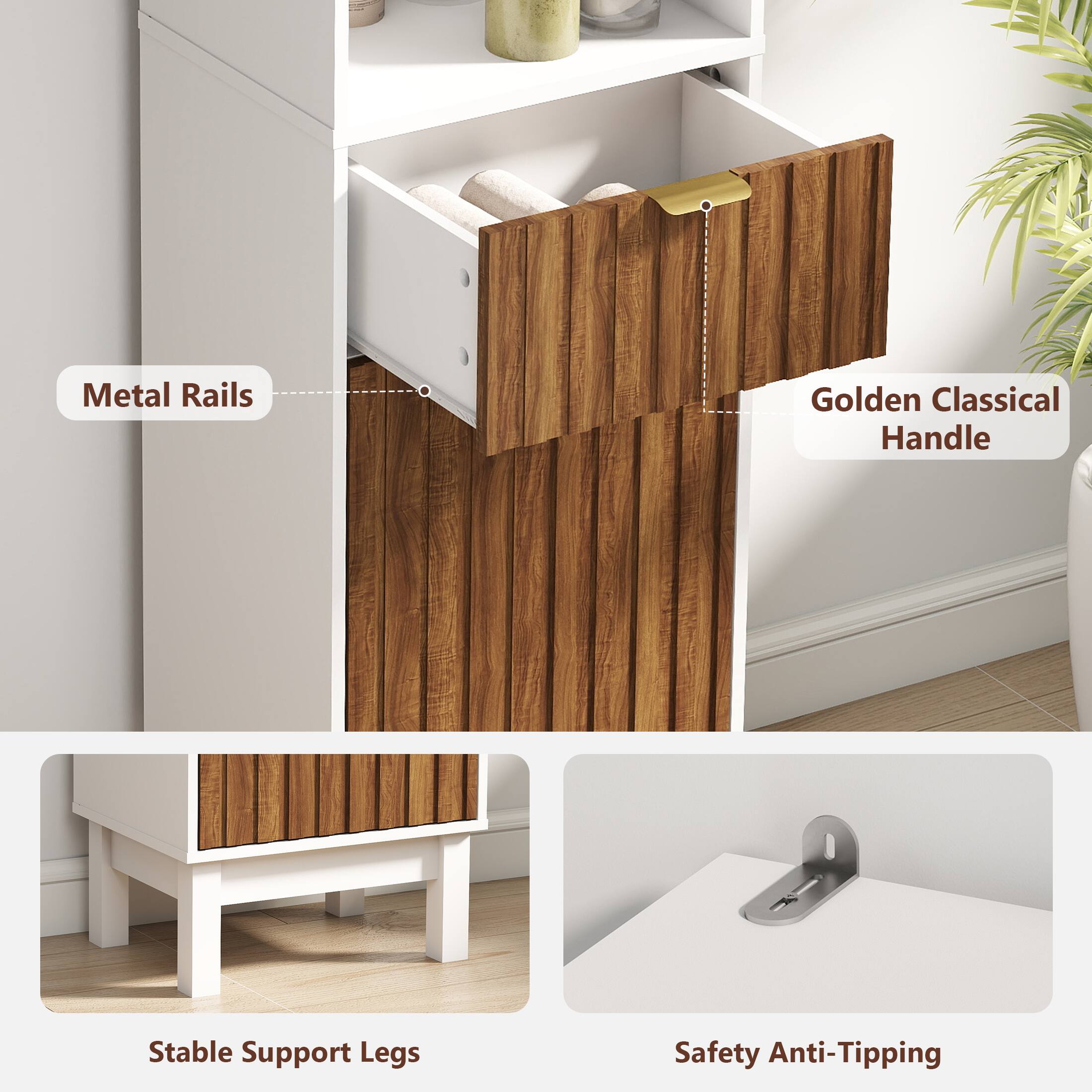 Metal Rails  
Golden Classical Handle  
Stable Support Legs  
Safety Anti-Tipping