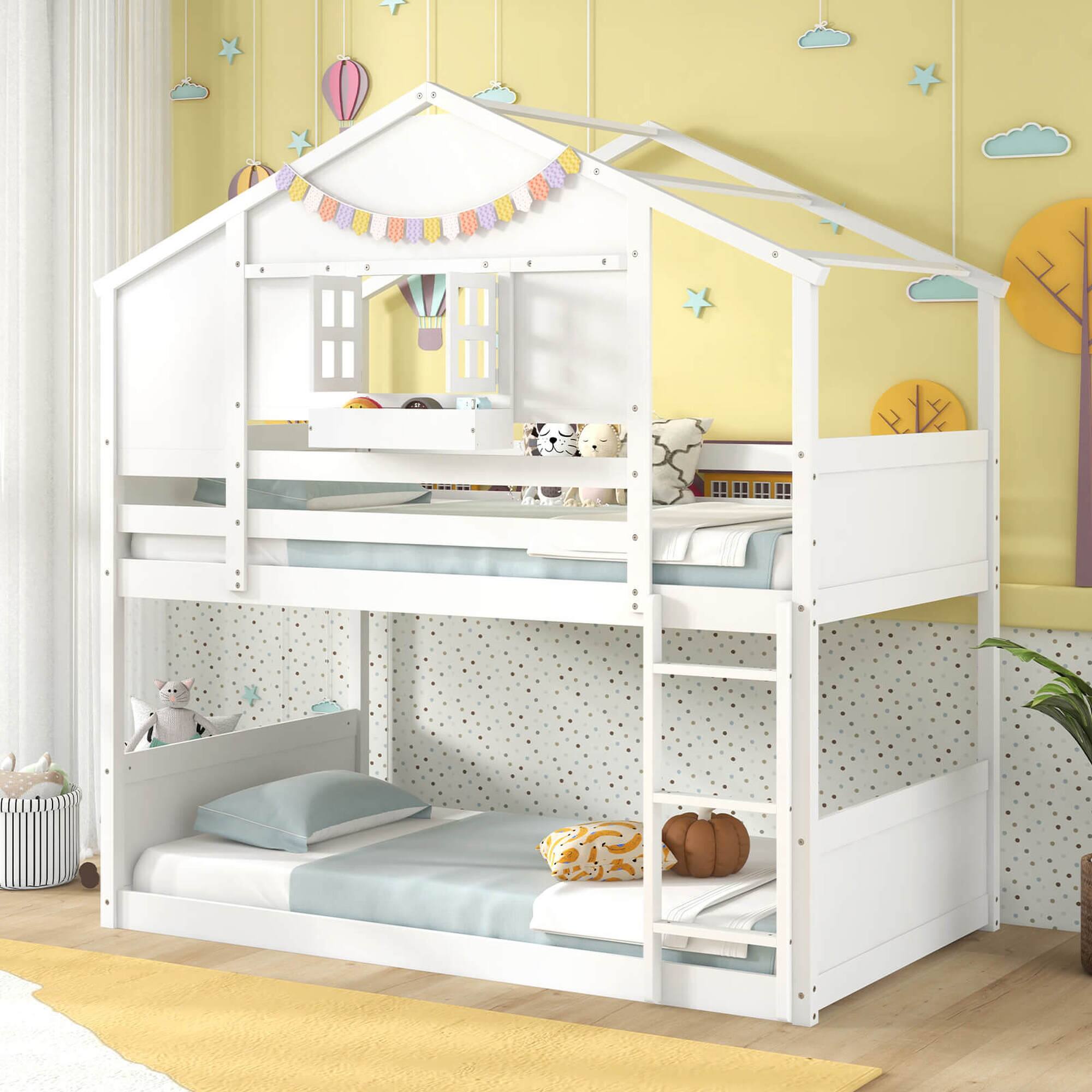 Alt View 1. Costway - Costway Twin Over Twin Bunk Bed for Kids with Roof Lockable Window Storage Box Wood Slats - White.