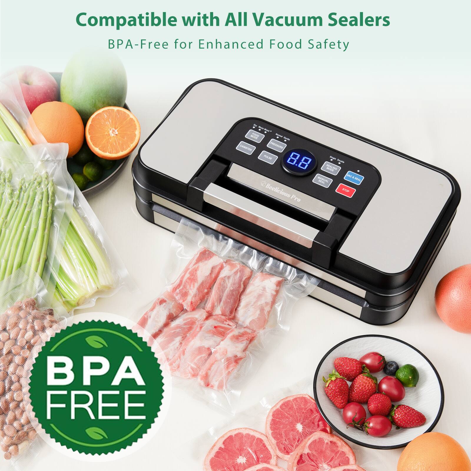 Compatible with All Vacuum Sealers  
BPA-Free for Enhanced Food Safety  

BPA FREE