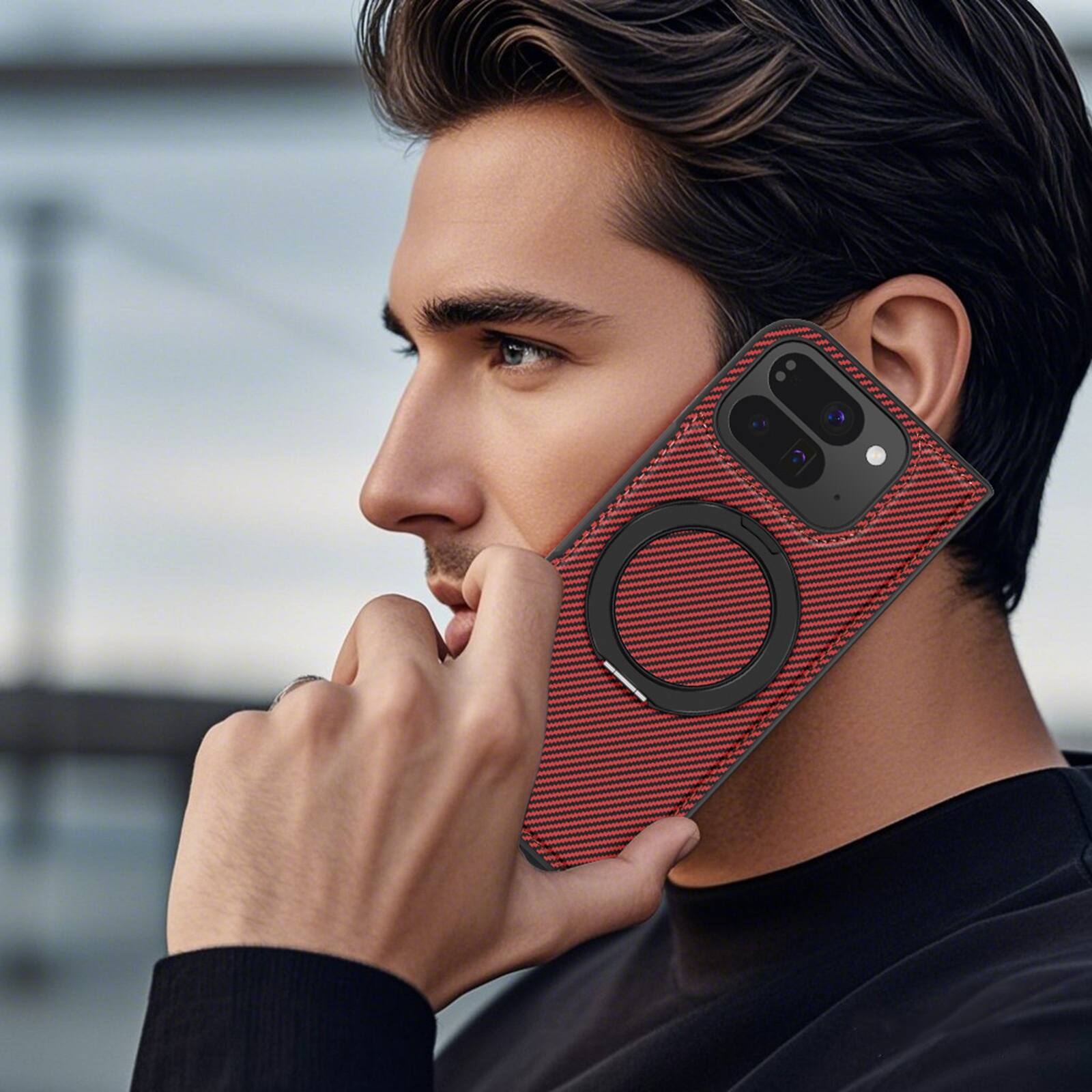 Alt View 4. Dteck - Magnetic Carbon Fiber Pattern Case for Google Pixel 10 Pro Fold with Stand, Shockproof Rigid Plastic Faux Leather Cover - Red.