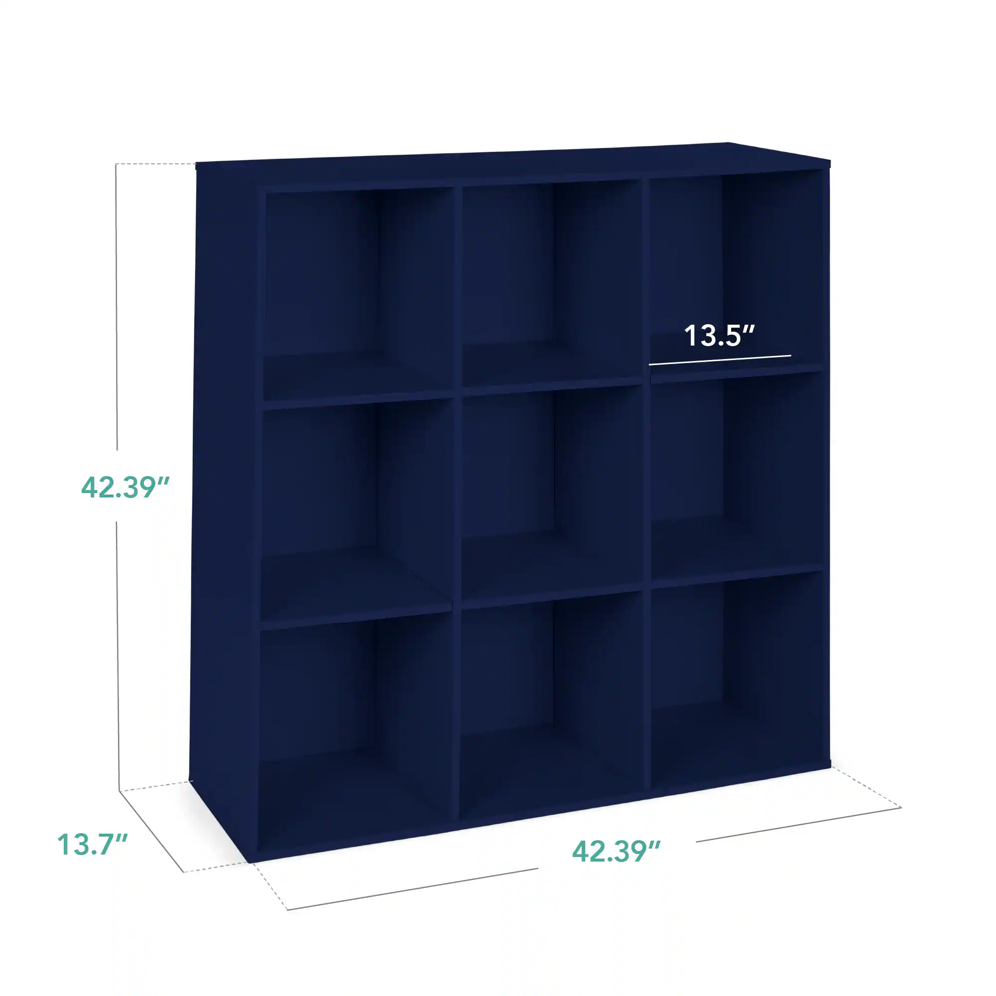 The dimensions of the shelf are:

- Height: 42.39"
- Width: 42.39"
- Depth: 13.7"
