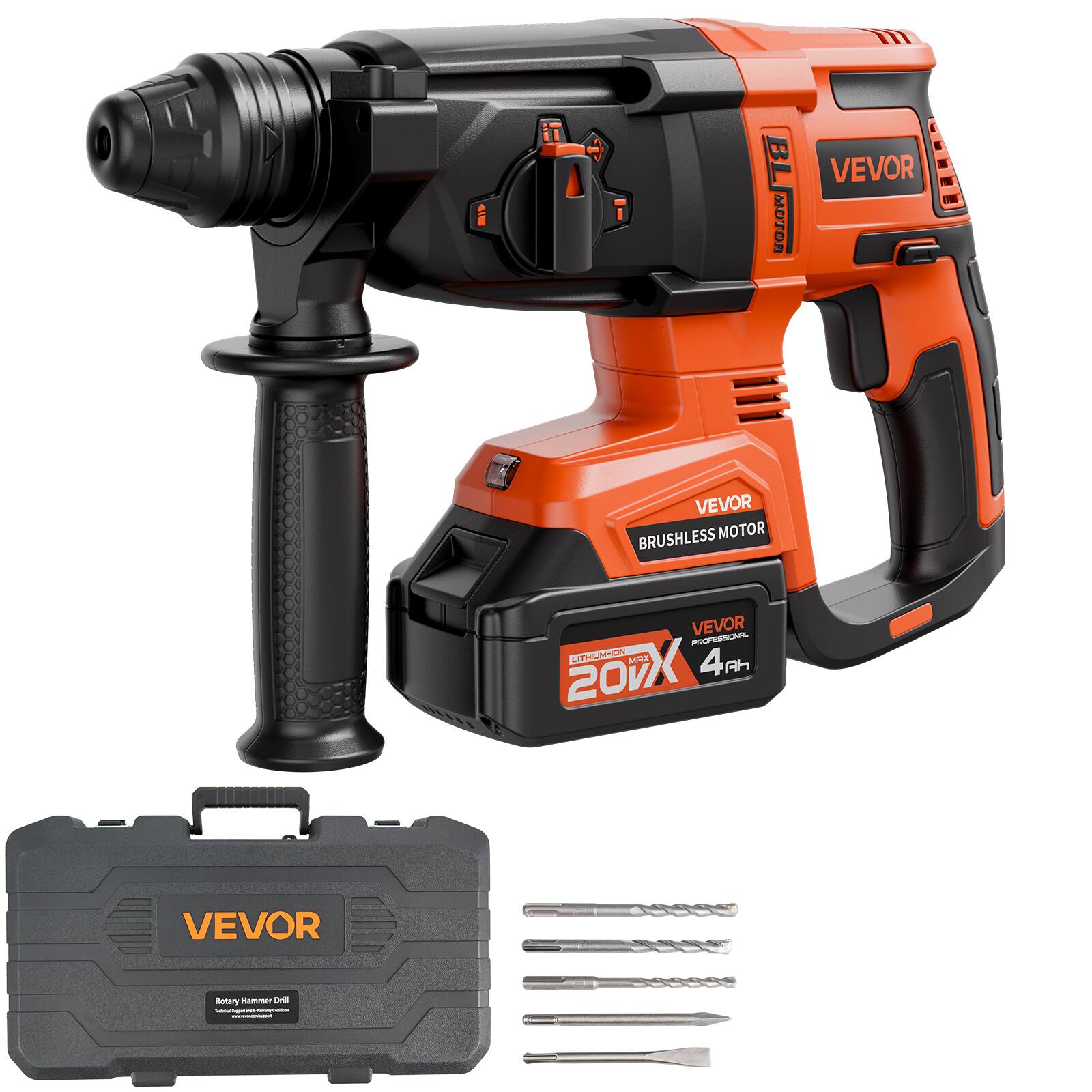 VEVOR - 20V Brushless Cordless Hammer Drill, Lithium-Ion 1 Inch Rotary Hammer Driver - Orange;Black