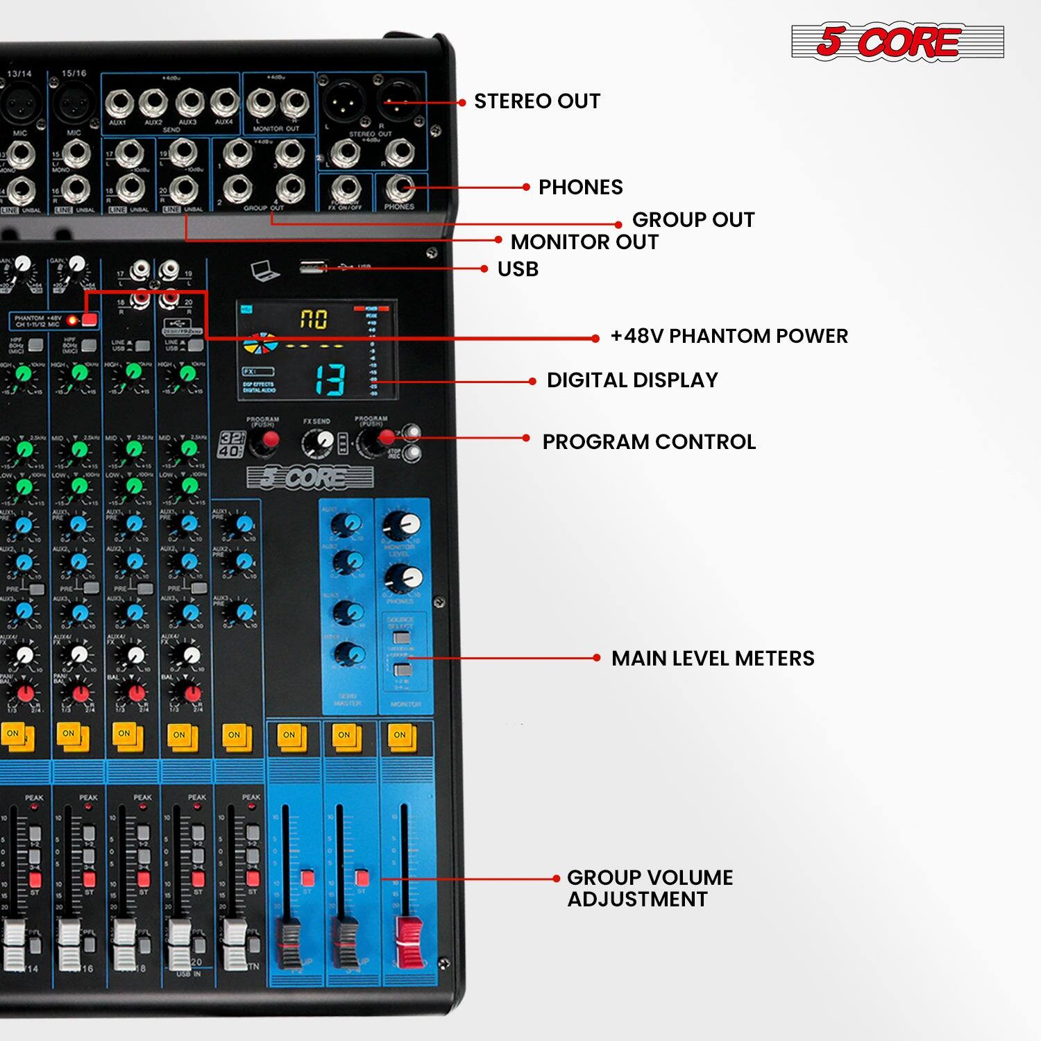 5 CORE Audio Mixer 20 Channel DJ Soundboard USB Interface