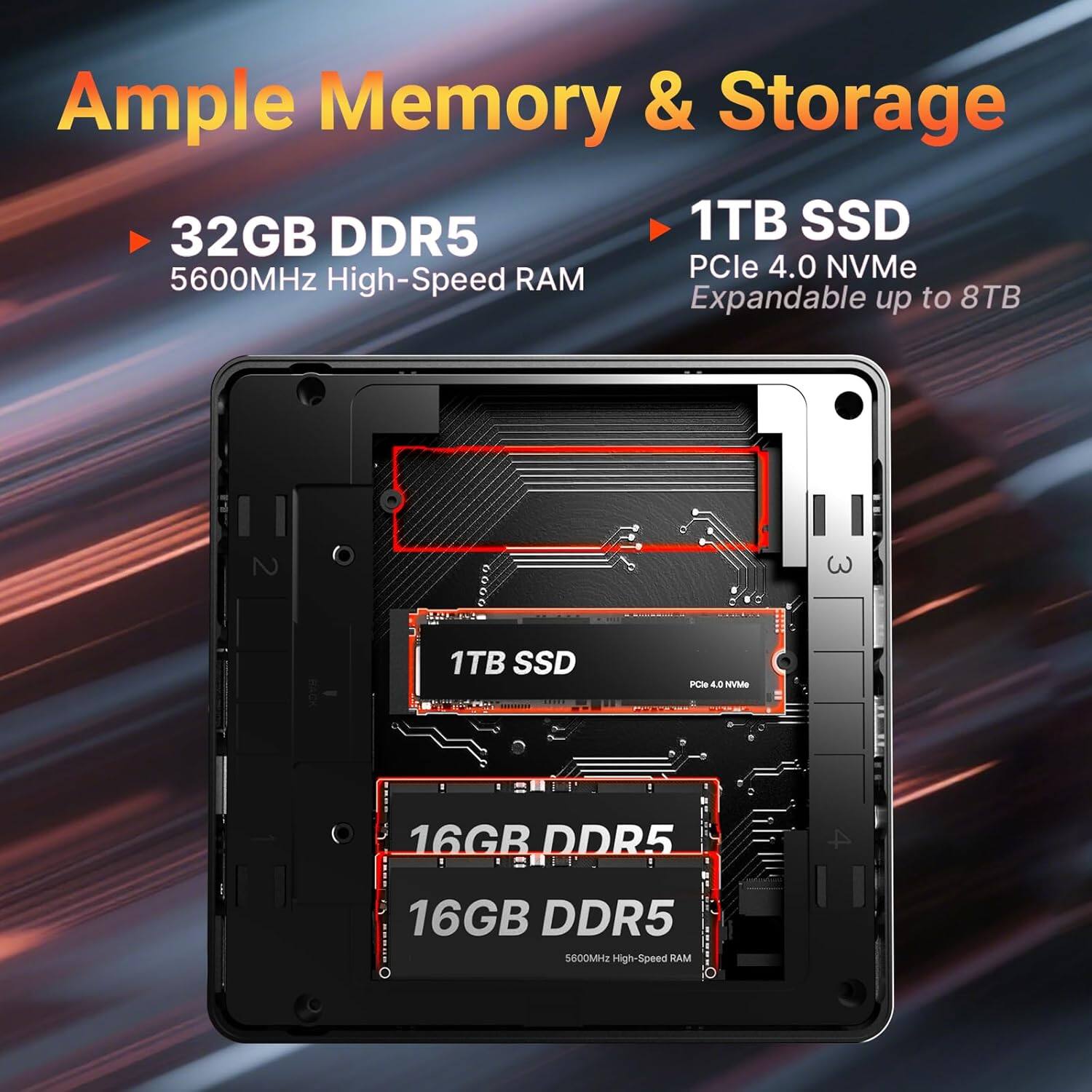 Ample Memory & Storage

- 32GB DDR5
  5600MHz High-Speed RAM

- 1TB SSD
  PCIe 4.0 NVMe
  Expandable up to 8TB

- 16GB DDR5
  16GB DDR5
  5600MHz High-Speed RAM