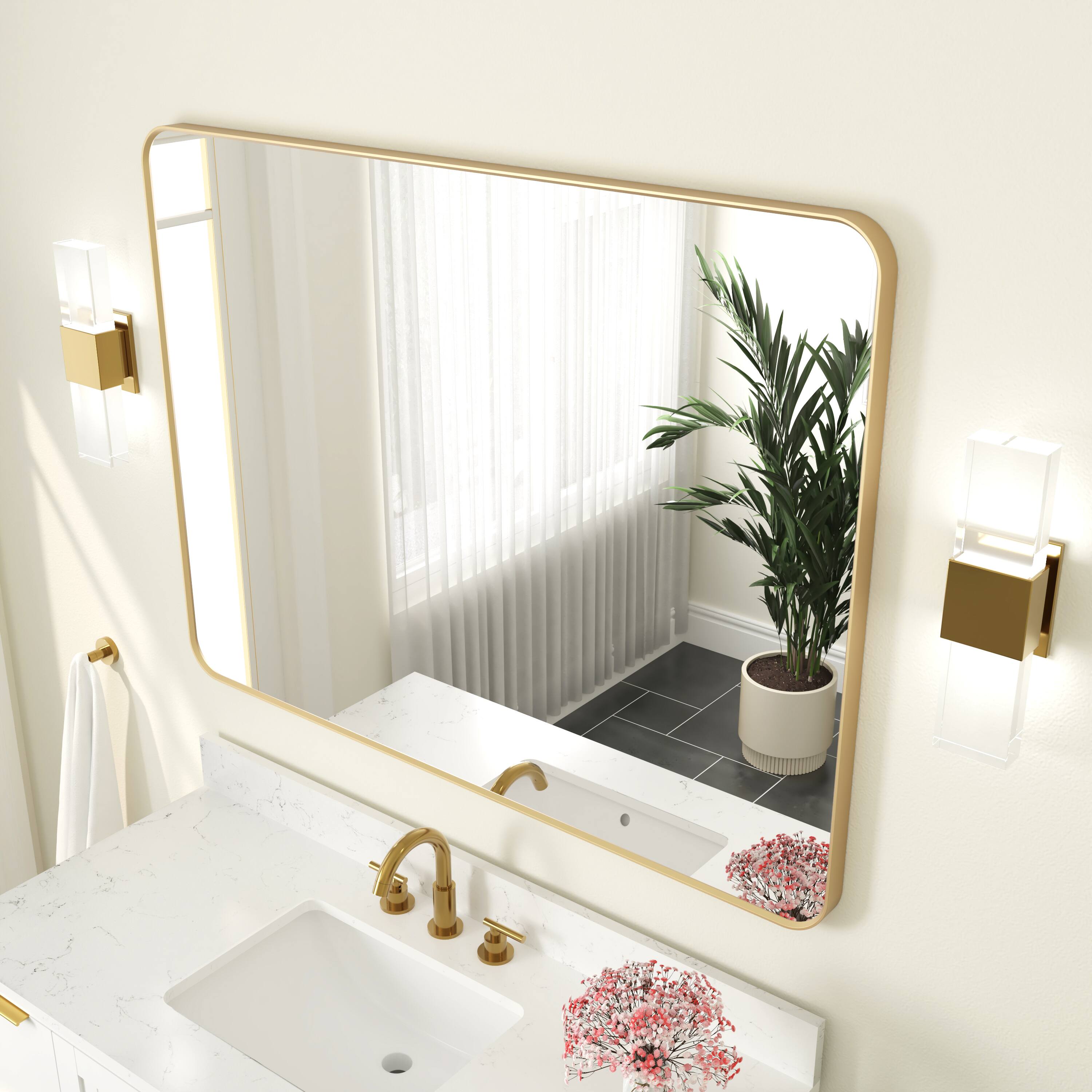 Left. WELLFOR - 48 in. W x 36 in. H Rectangular Aluminum Framed Wall Bathroom Vanity Mirror - Brushed Gold.