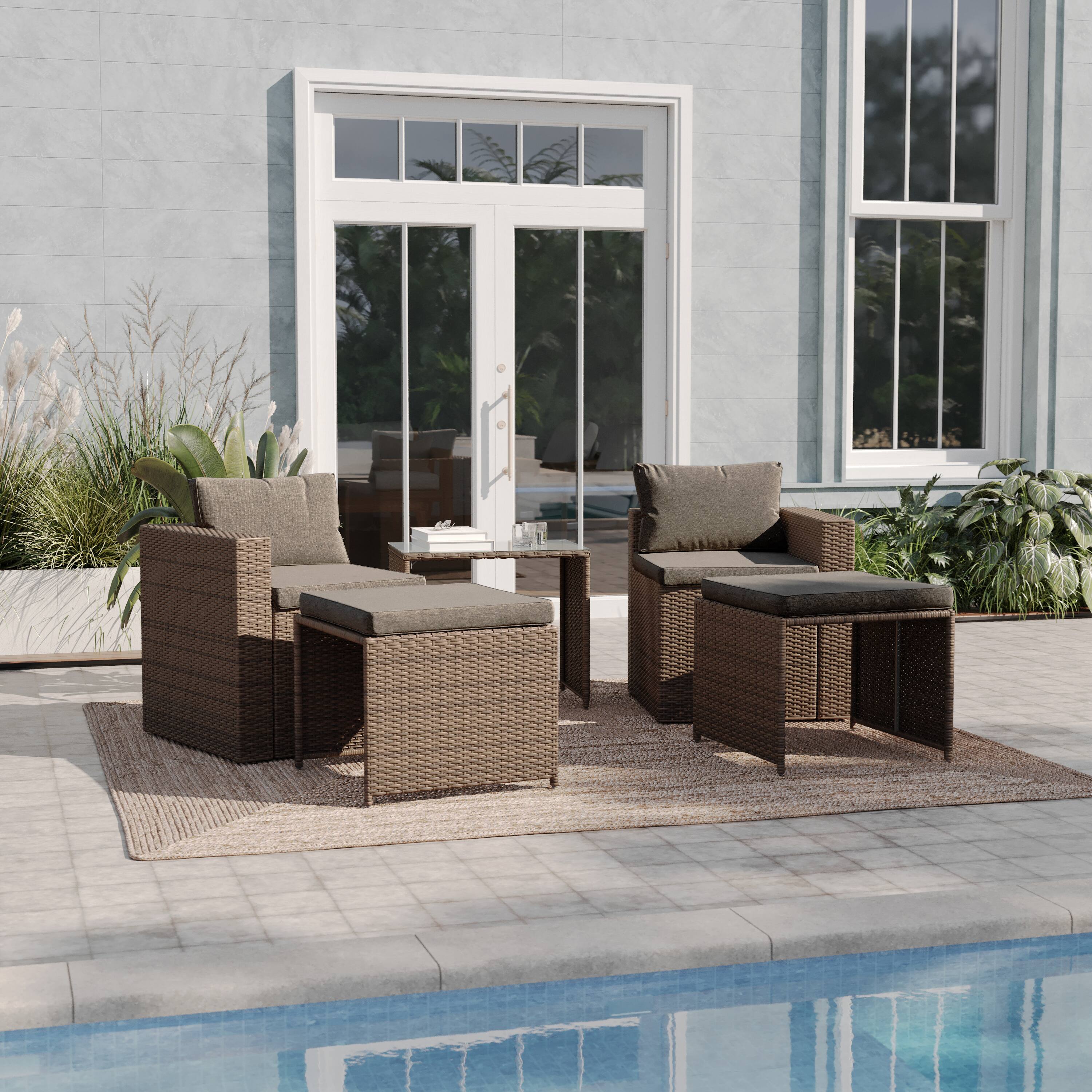 Alt View 1. Emma + Oliver - Anela Indoor/Outdoor Modular Loveseat Sofa Set with Ottomans and Glass-Top Table - Gray Fabric/Natural Frame.