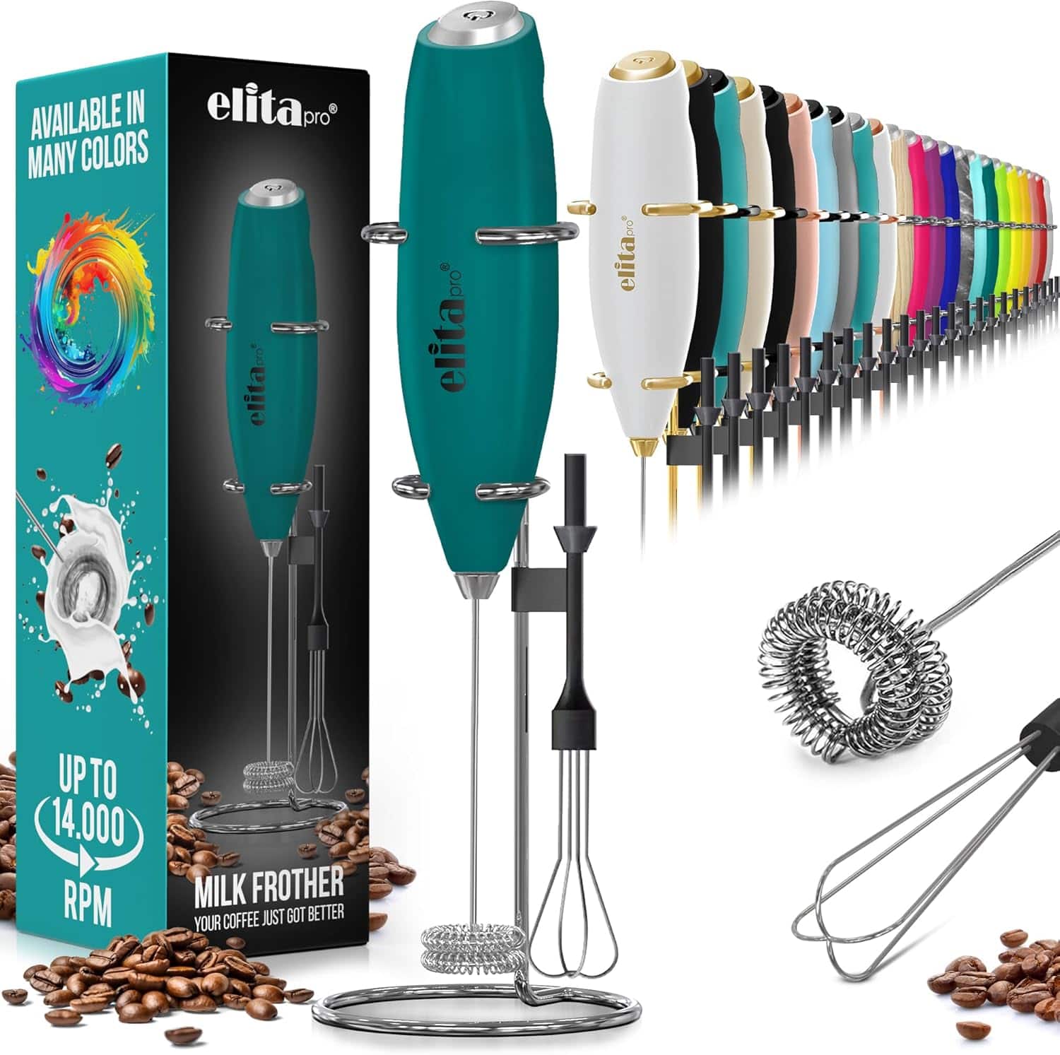 Zulay Kitchen - Elitapro Ultra High Speed 2-in-1 Milk Frother - Double Whisk Foam Maker with Detachable Egg Beater - Dark Teal