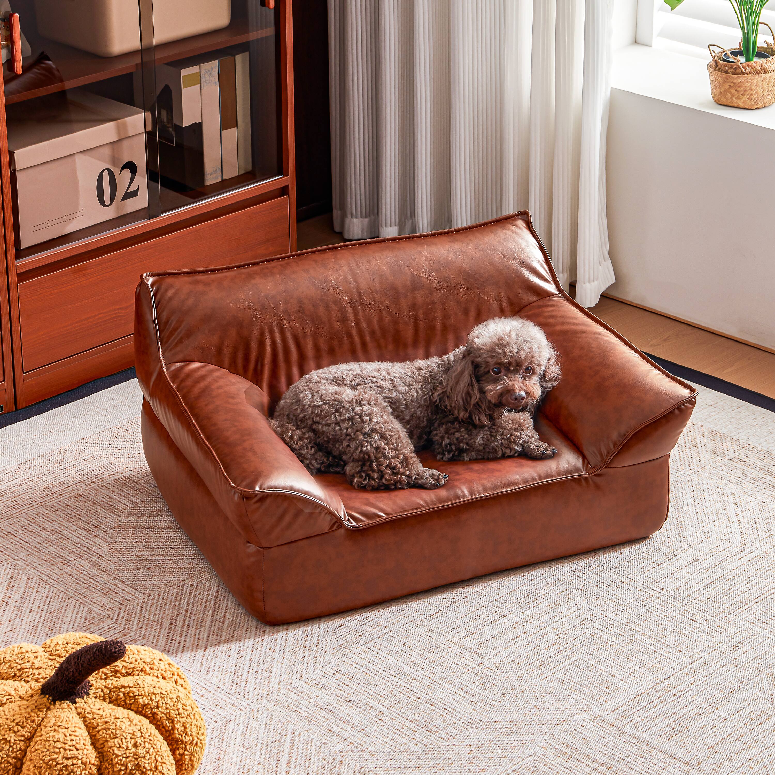 Alt View 2. MSOOB - Leather Dog Bed Couch for Medium Dogs Under 50 lbs, Brown Luxurious Elevated Pet Sofa Indoor - brown.