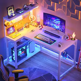 Aheaplus - 43 Inch Small L-Shaped Gaming Desk with Power Outlets and RGB LED Lights - White