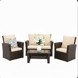Mondawe - 4-Piece Wicker Patio Conversation Set with Glass Table and Cushions - Brown+Beige