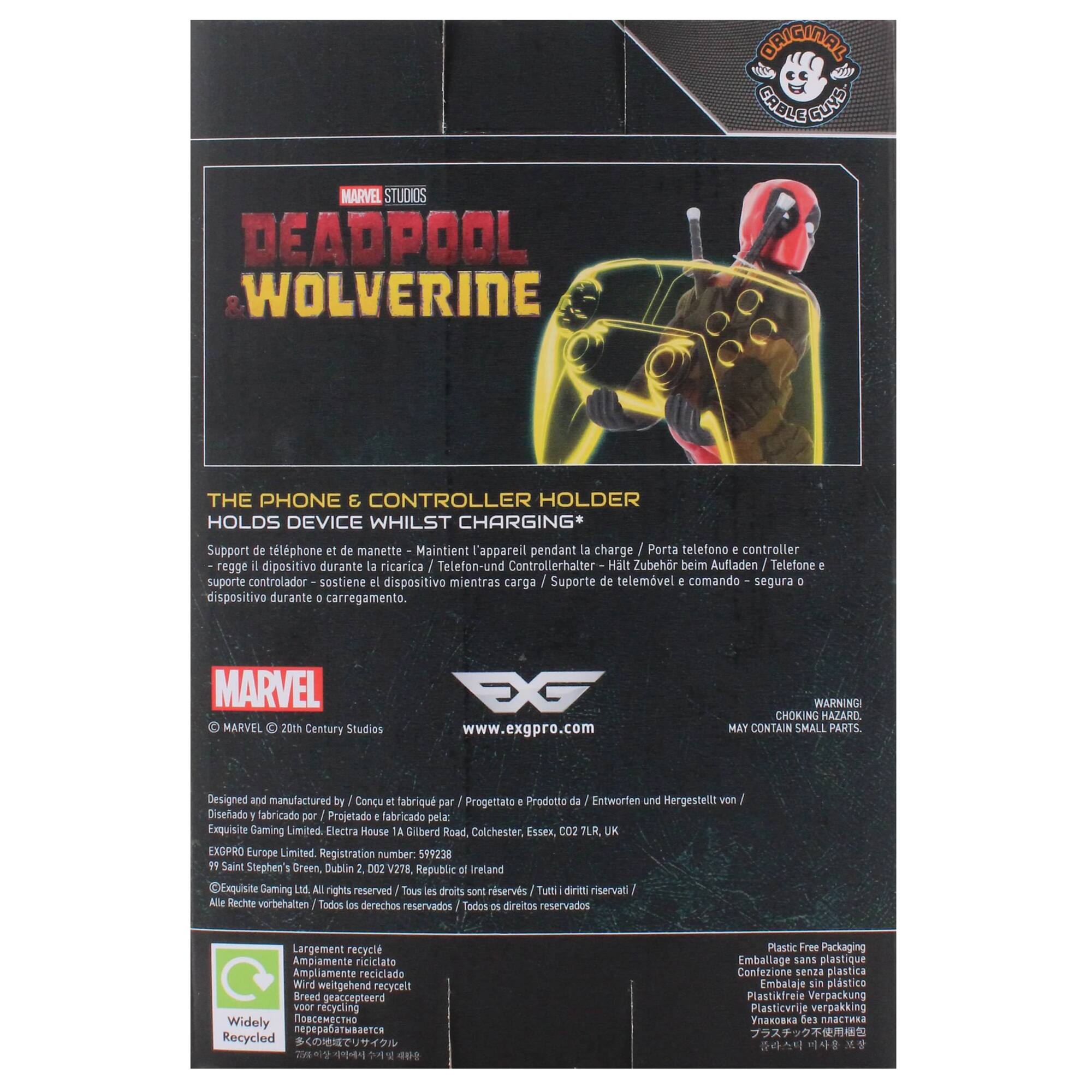 The text on the image reads:

"Briginal Co Gable Guvs Marvel Studios Deadpool Wolverine The Phone E Controller Holder Holds Device Whilst Charging. Support de telphone et de manette Maintient 'appareil pendant la charge Porta telefono e controller regge i dipositivo durante la ricarica I Telefon-und Controllerhalter Hlt Zubehr beim Aufladen Telefone 4 suporte controlador sostiene el dispositivo mientras carga Suporte de telemvel e comando segura D dispositivo durante 2 carregamento. MARVEL MARVEL 20th Century Studios E [www.exgpro.com](http://www.exgpro.com) WARNING CHOKING HAZARO MAY CONTAIN SMALL PARTS Designed and manufactured by J Conu at tabriqu par Propettato  Prodotto da I Entworfen und Hergestellt von Disefado labricado por Projetado fabricado pela: Exquisite Gaming Limited Electra House 1A Gilberd Road Colchester, Essex, CO2 7LR UK EXDPRO Europe Limited Registration number. 519238 1 Saint Stephen's Green, Dublin 2, DOZ V278 Republic of Ireland Exquisite Gaming Lod. All rights reserved Tous."

Corrected text:

"Briginal Co Gable Guvs Marvel Studios Deadpool Wolverine The Phone & Controller Holder Holds Device Whilst Charging. Support de telphone et de manette Maintient 'appareil pendant la charge Porta telefono e controller regge i dipositivo durante la ricarica I Telefon-und Controllerhalter Hlt Zubehr beim Aufladen Telefone 4 suporte controlador sostiene el dispositivo mientras carga Suporte de telemvel e comando segura D dispositivo durante 2 carregamento. MARVEL MARVEL 20th Century Studios E [www.exgpro.com](http://www.exgpro.com) WARNING CHOKING HAZARD MAY CONTAIN SMALL PARTS Designed and manufactured by J Conu at tabriqu par