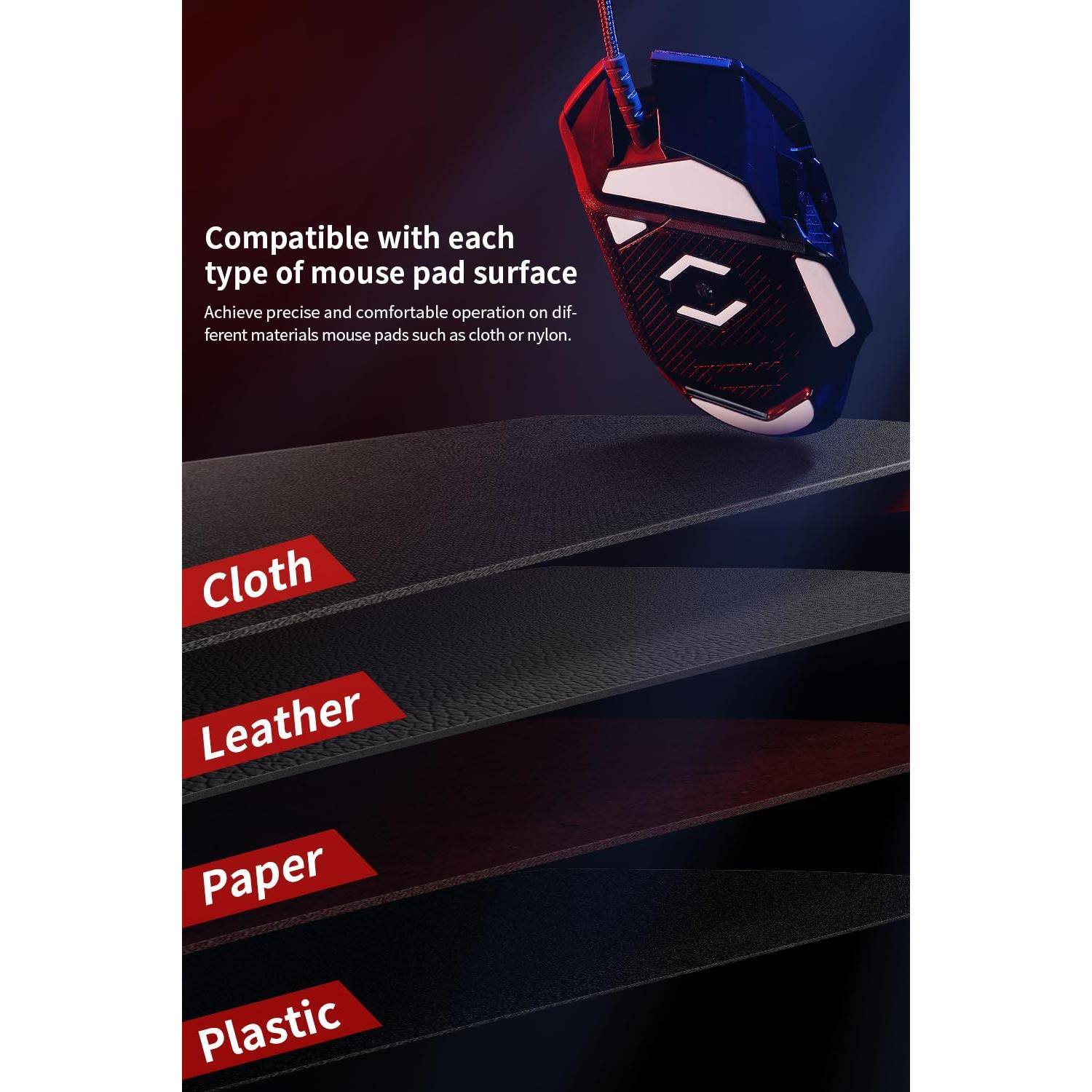Compatible with each type of mouse pad surface

Achieve precise and comfortable operation on different materials mouse pads such as cloth or nylon.

Cloth  
Leather  
Paper  
Plastic