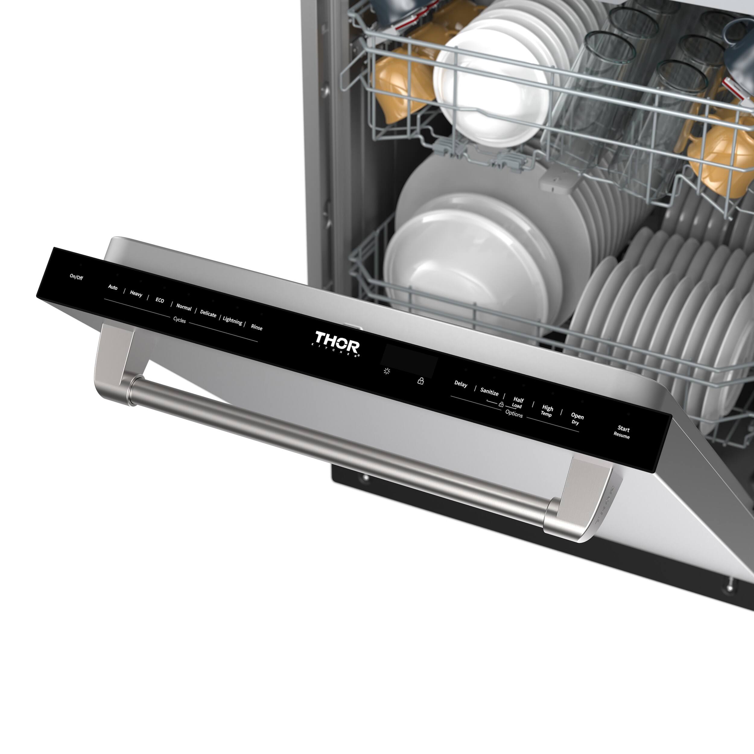 - Auto
- Heavy
- ECO
- Normal
- Delicate
- Light
- Rinse
- Cycles

- Delay
- Sanitize
- Half Load
- High Temp
- Open Door
- Options

- Start
- Resume

- THOR