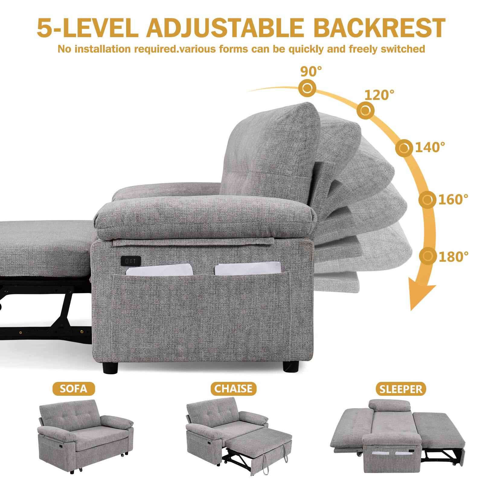 5-Level Adjustable Backrest  
No installation required. Various forms can be quickly and freely switched.

90°  
120°  
140°  
160°  
180°

SOFA  
CHAISE  
SLEEPER