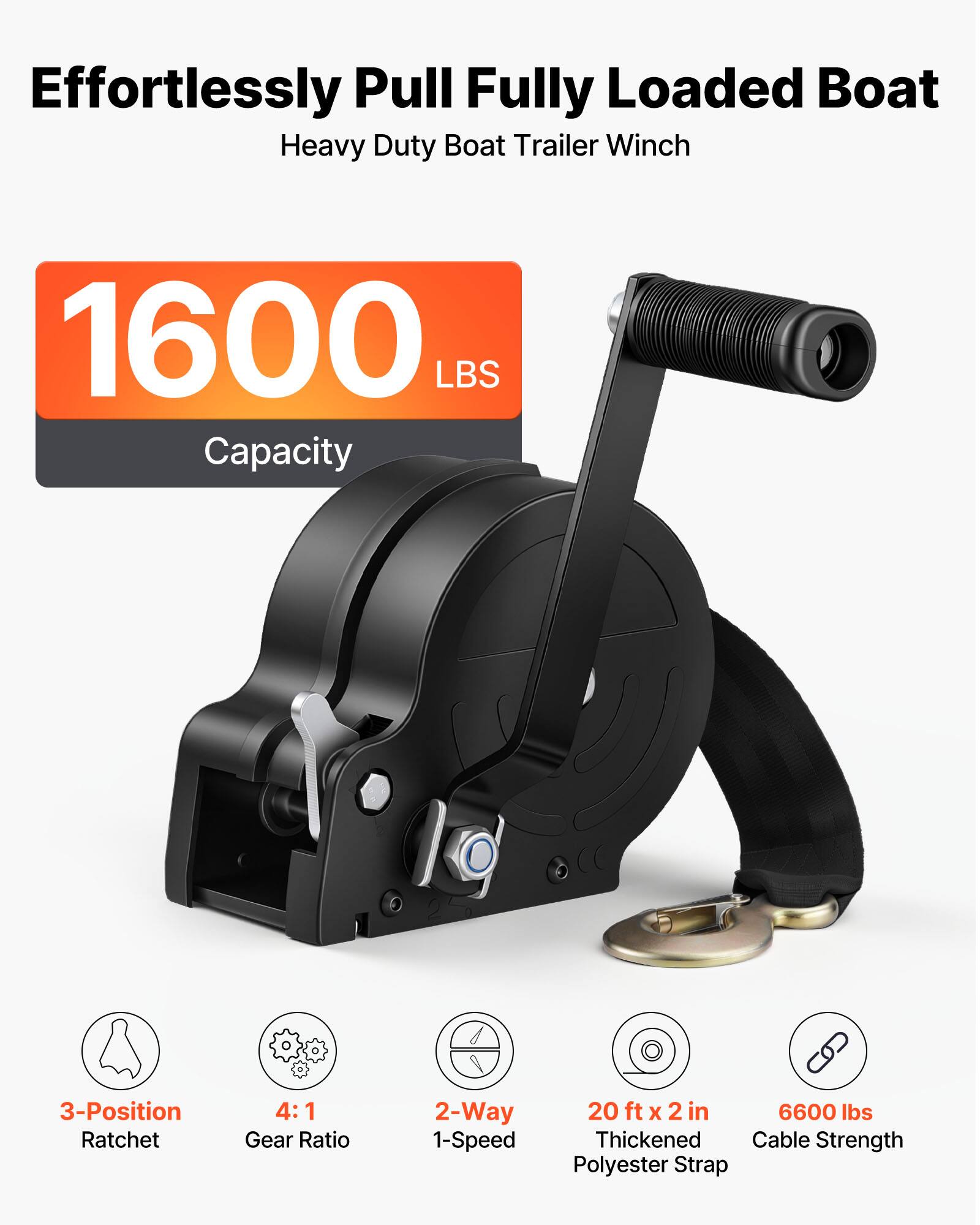 VEVOR Boat Winch, 1600 lbs Hand Winch, Heavy Duty Manual Rope Crank ...
