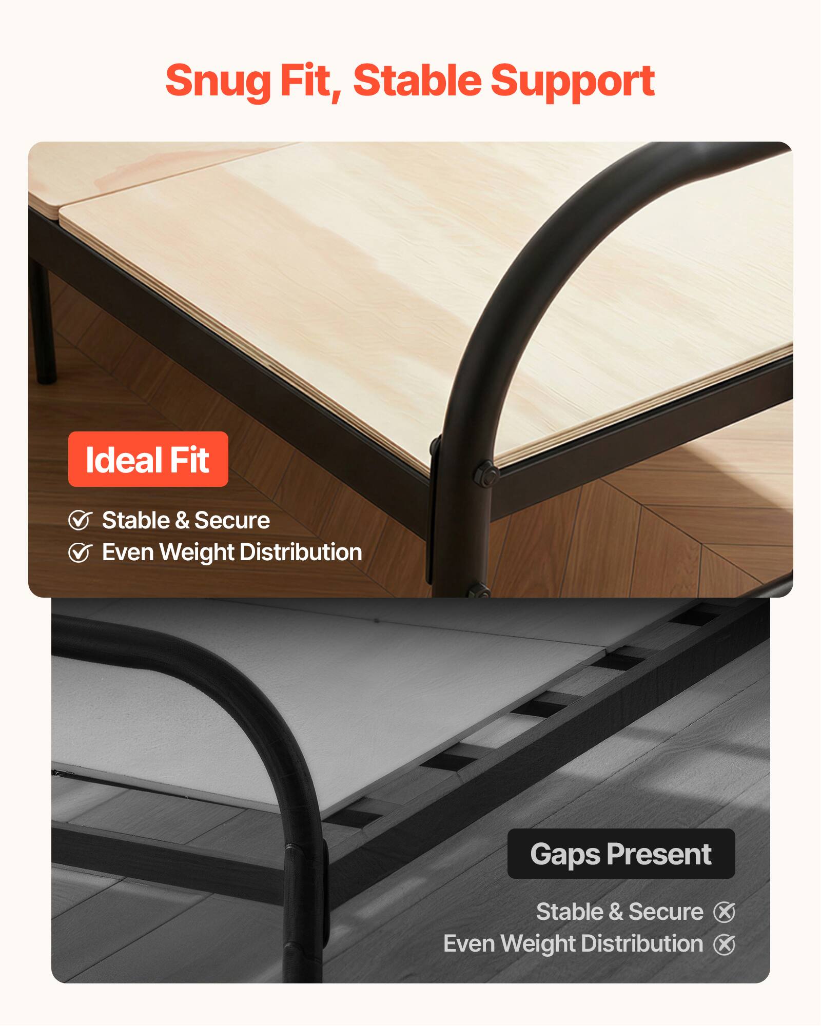 Snug Fit, Stable Support

Ideal Fit
- Stable & Secure
- Even Weight Distribution

Gaps Present
- Stable & Secure ❌
- Even Weight Distribution ❌