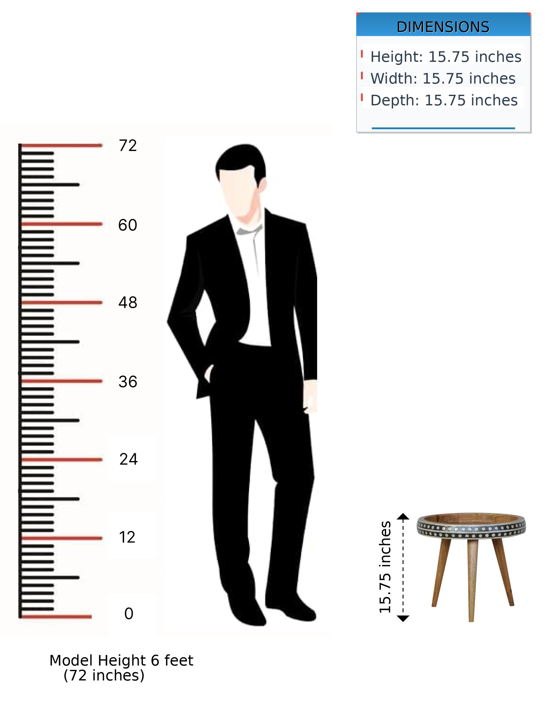 DIMENSIONS  
Height: 15.75 inches  
Width: 15.75 inches  
Depth: 15.75 inches  

Model Height: 6 feet (72 inches)