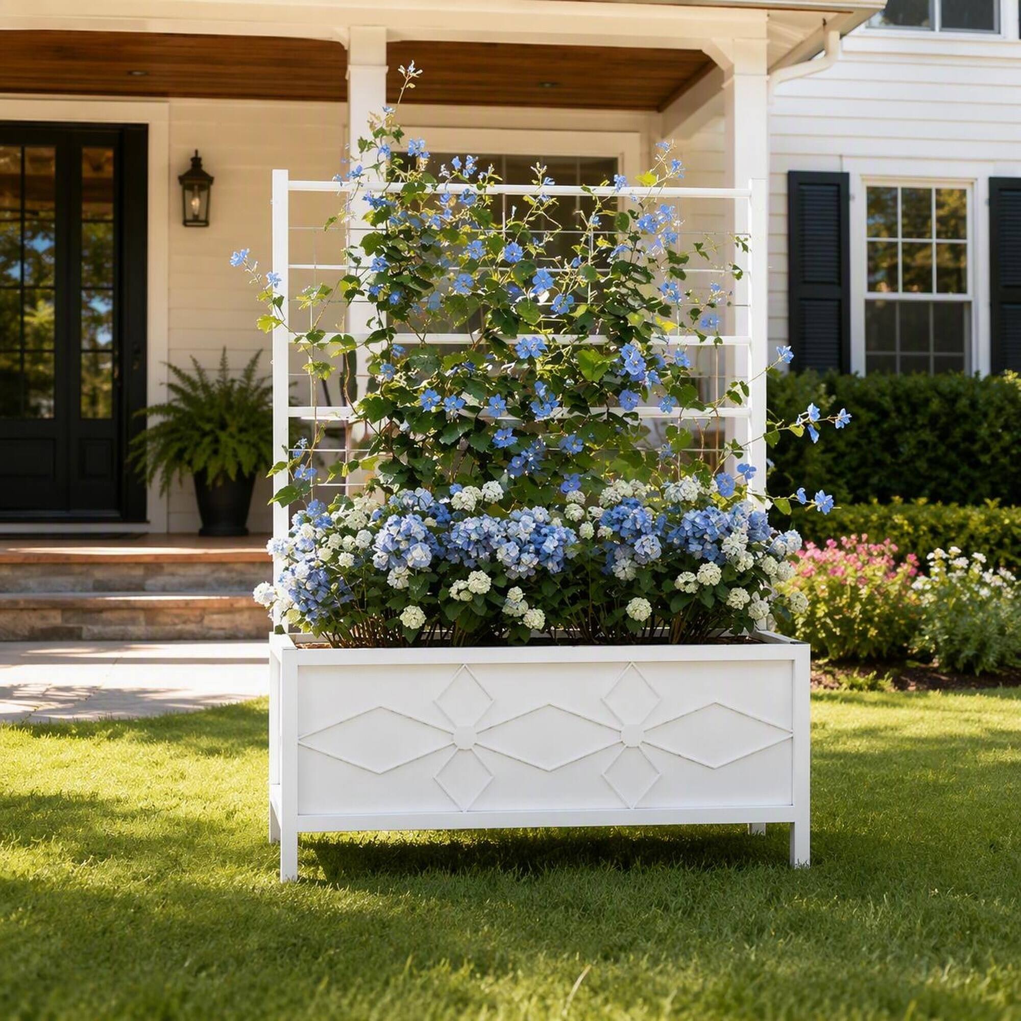 Alt View 1. RYHNUYNE - Outdoor Raised Garden Bed with Trellis, Galvanized Steel Planter Box for Climbing Vines, White Finish, 35.4 x 15.7 - White.
