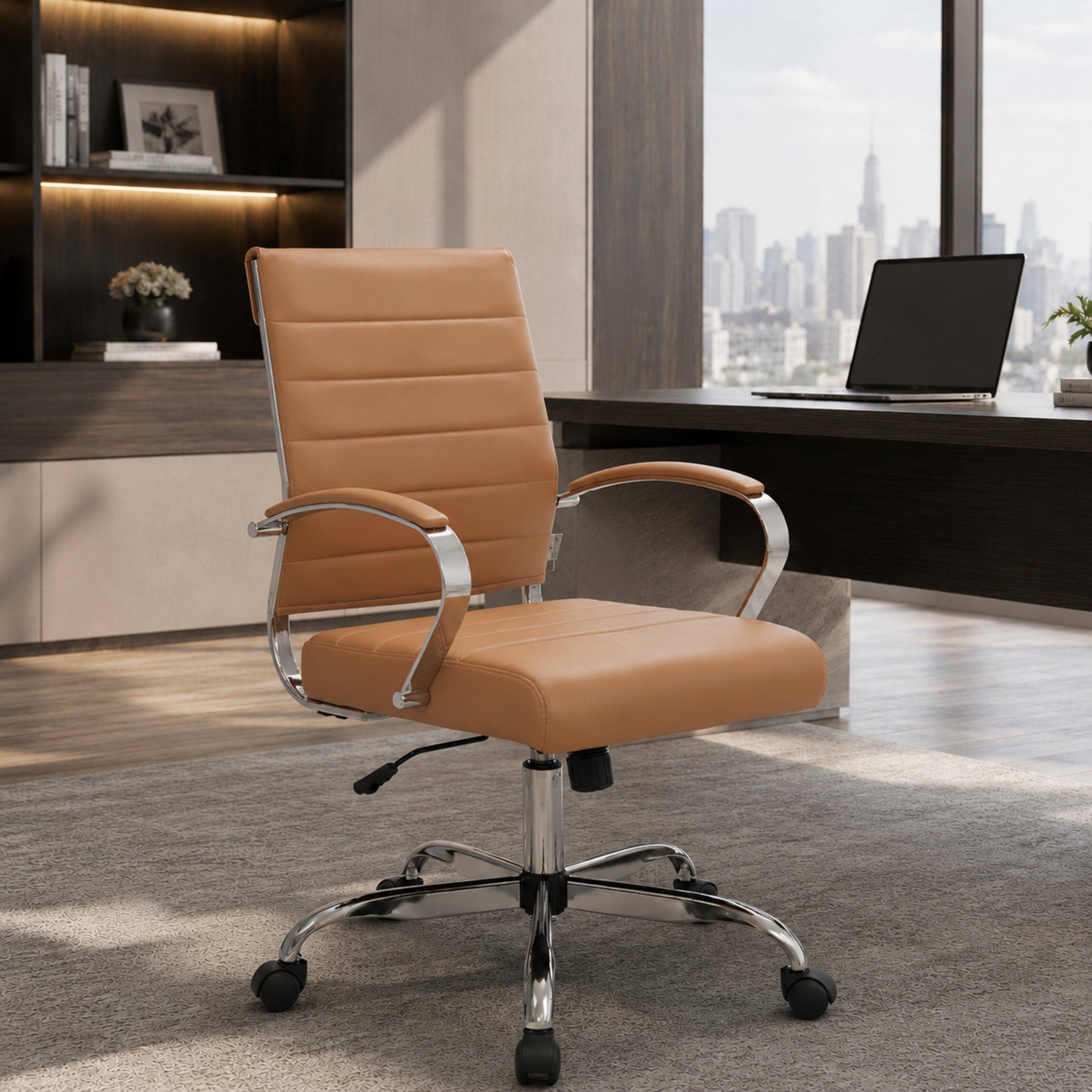 Alt View 3. LeisureMod - Benmar Modern Ergonomic Ribbed Leather Office Desk Chair, Steel Frame, Computer Chair for Home Office & Workspace Use - Brown.