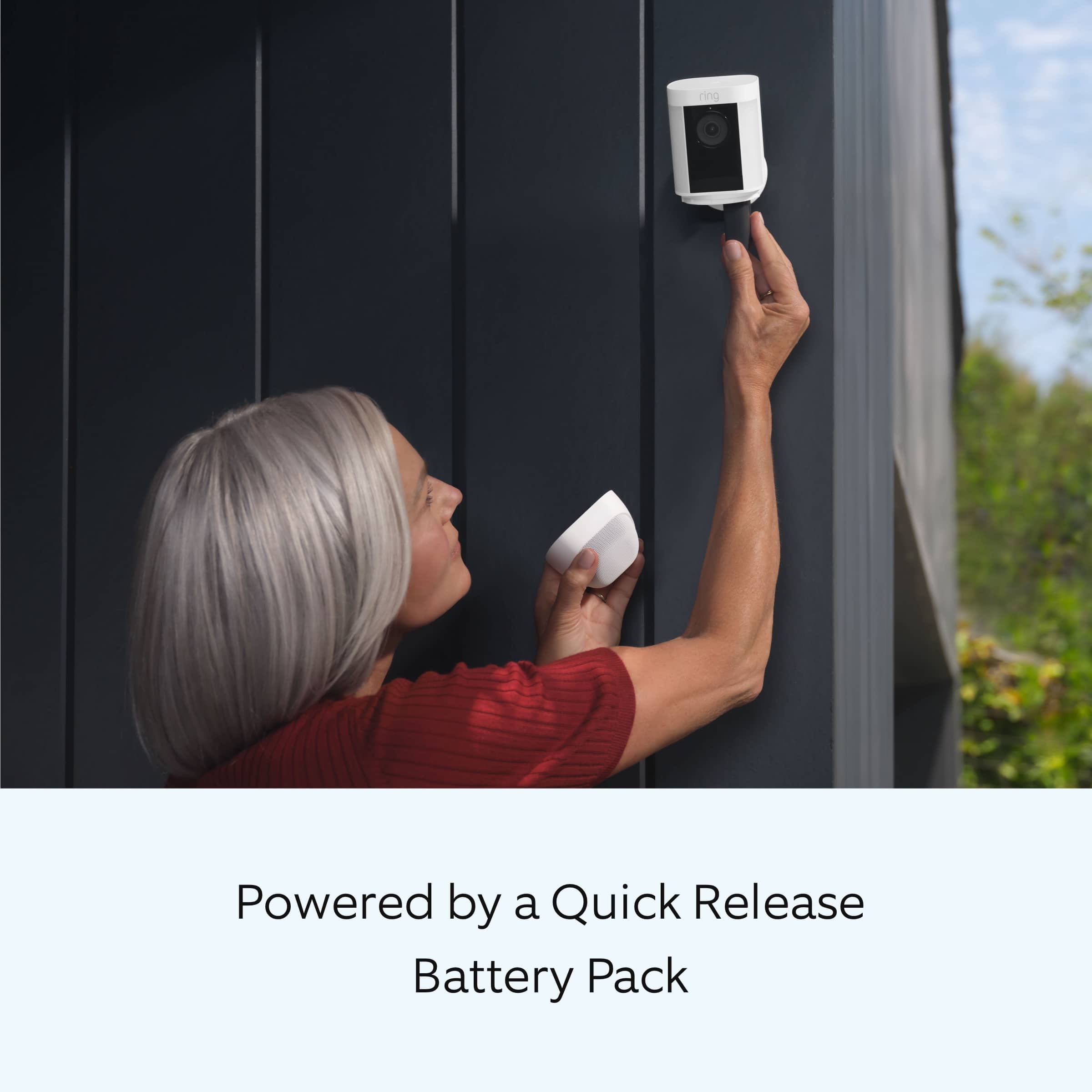 The text on the image reads "ring Powered by a Quick Release Battery Pack."