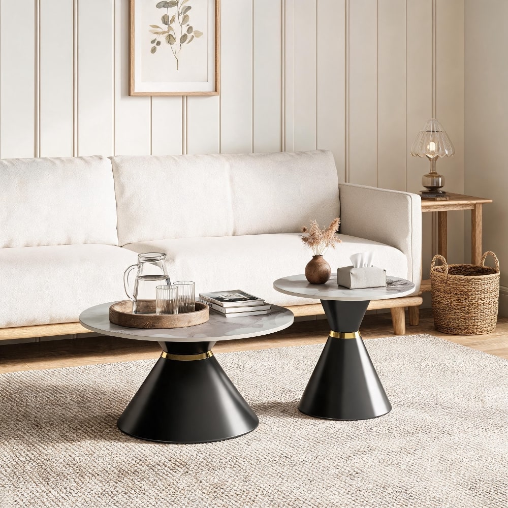 Loheer - Round Nesting Coffee Table Set of 2 Sintered Stone Top Black Pedestal Base - Black/Gold