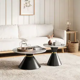 Loheer - Round Nesting Coffee Table Set of 2 Sintered Stone Top Black Pedestal Base - Black/Gold