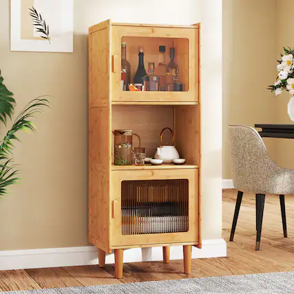 Front. Gymax - Gymax Bamboo Cabinet Narrow Kitchen Storage Cabinet w/ Open Compartment & Storage - Natural.
