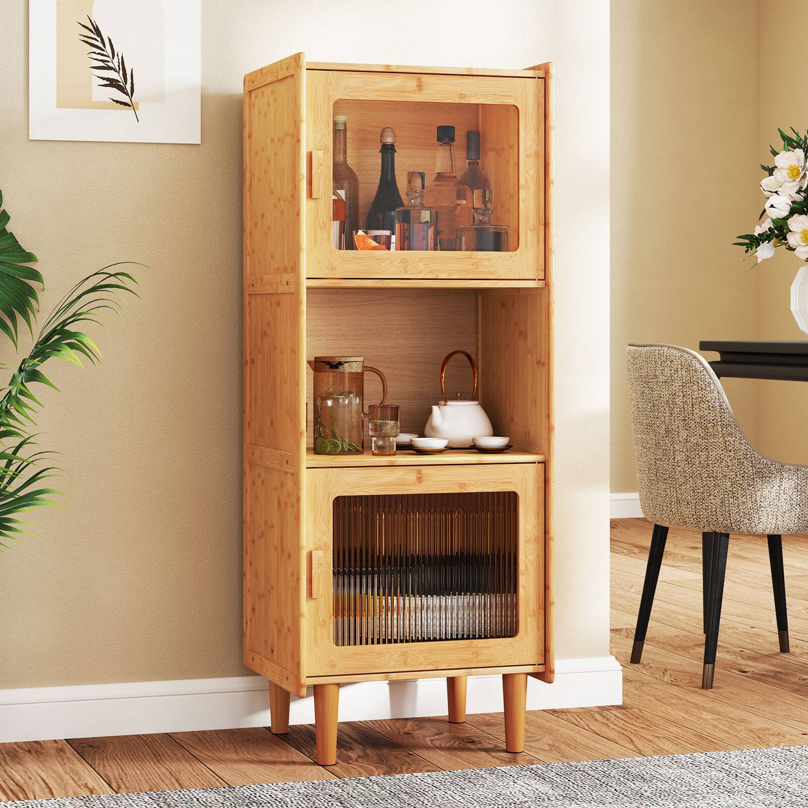 Gymax - Bamboo Cabinet Narrow Kitchen Storage Cabinet w/ Open Compartment & Storage - Natural