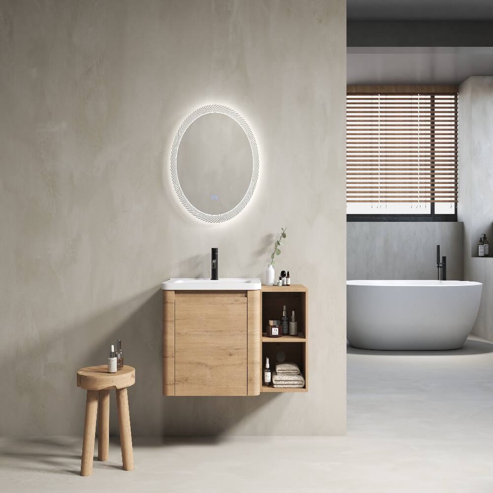 Angle. Loheer - Loheer 36 inch wall mounted bathroom vanity with white ceramic sink and storage shelves, Imitative Oak - Imitative Oak.
