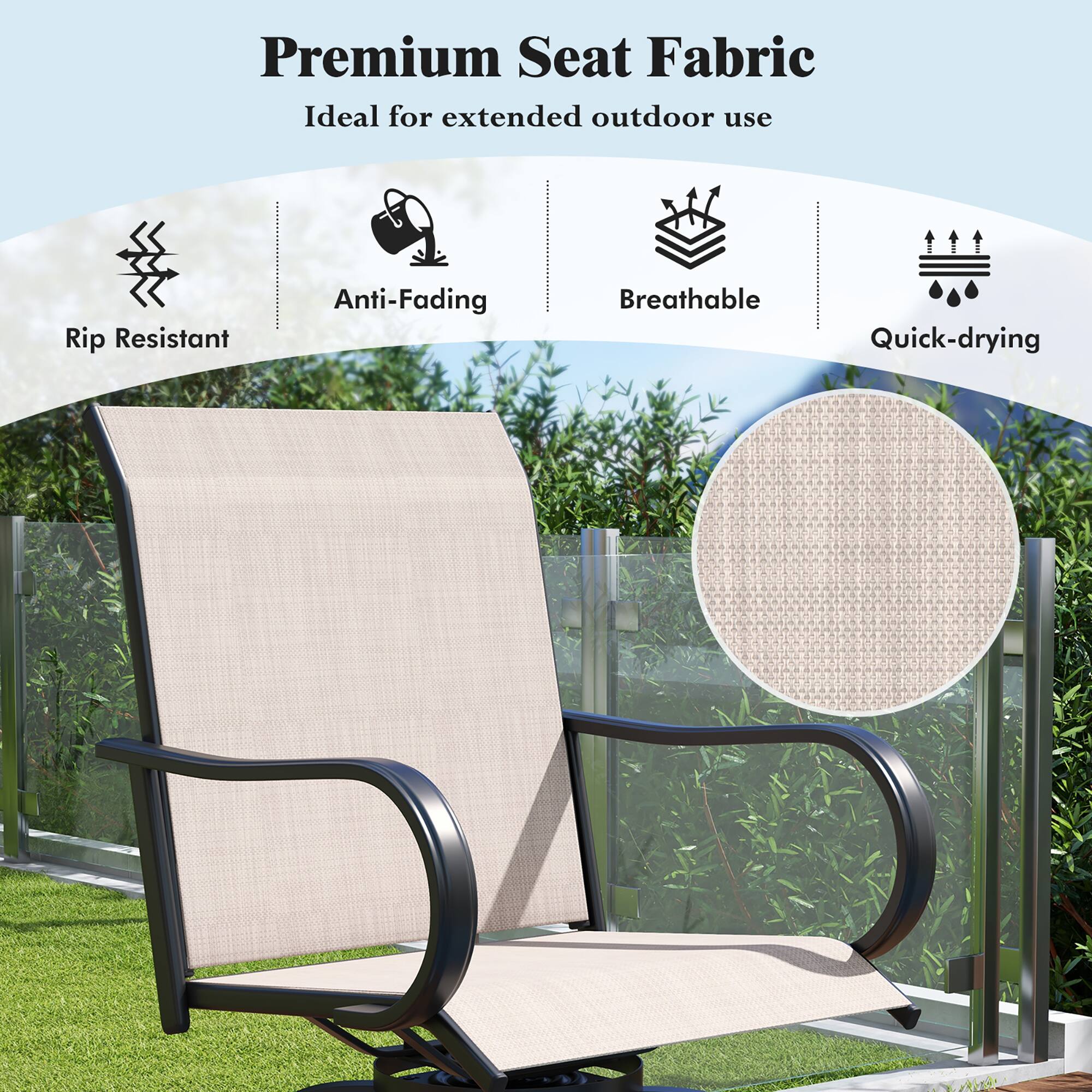 Premium Seat Fabric

Ideal for extended outdoor use

- Rip Resistant
- Anti-Fading
- Breathable
- Quick-drying