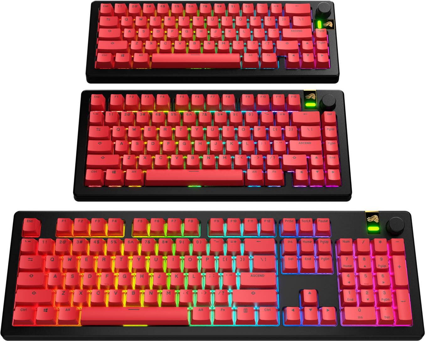The image shows three different colored keyboards, each with a unique color scheme. The first keyboard is red, the second keyboard is yellow, and the third keyboard is blue. The keyboards are placed next to each other, showcasing their distinct colors and designs. The image also includes a close-up view of the keyboards, allowing for a detailed look at the individual keys and their arrangement.