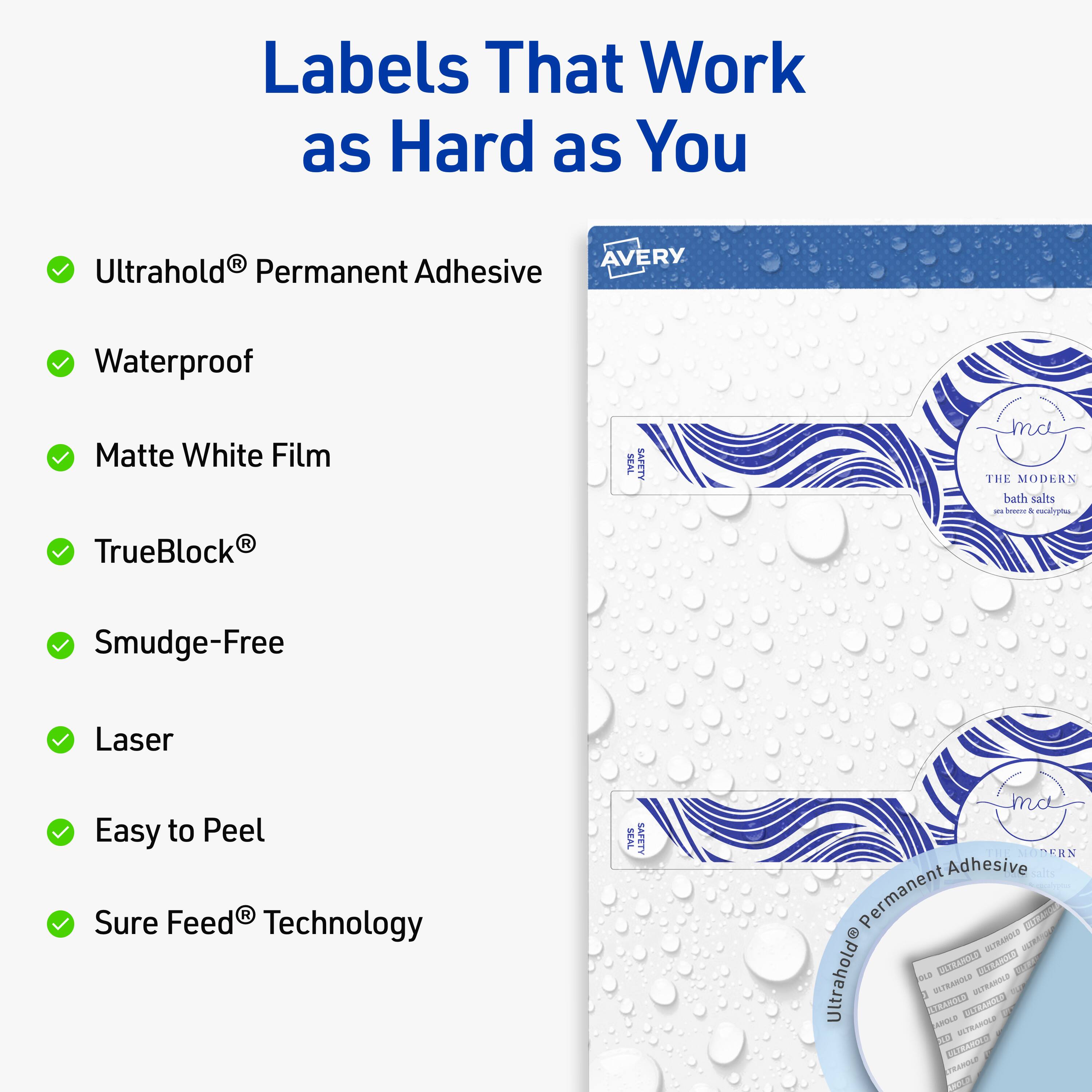 Labels That Work as Hard as You

- UltraHold® Permanent Adhesive
- Waterproof
- Matte White Film
- TrueBlock®
- Smudge-Free
- Laser
- Easy to Peel
- Sure Feed® Technology

AVERY

THE MODERN bath salts
in sweet & citrusy