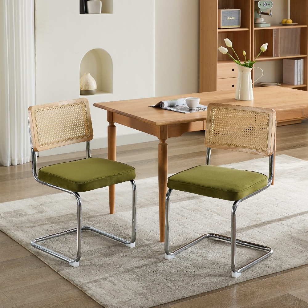 Loheer - Mid-Century Dining Chairs Set of 2, Olive Green Velvet Rattan Back Chairs with Chrome Base - Olive-Green price history on PriceWatchPro