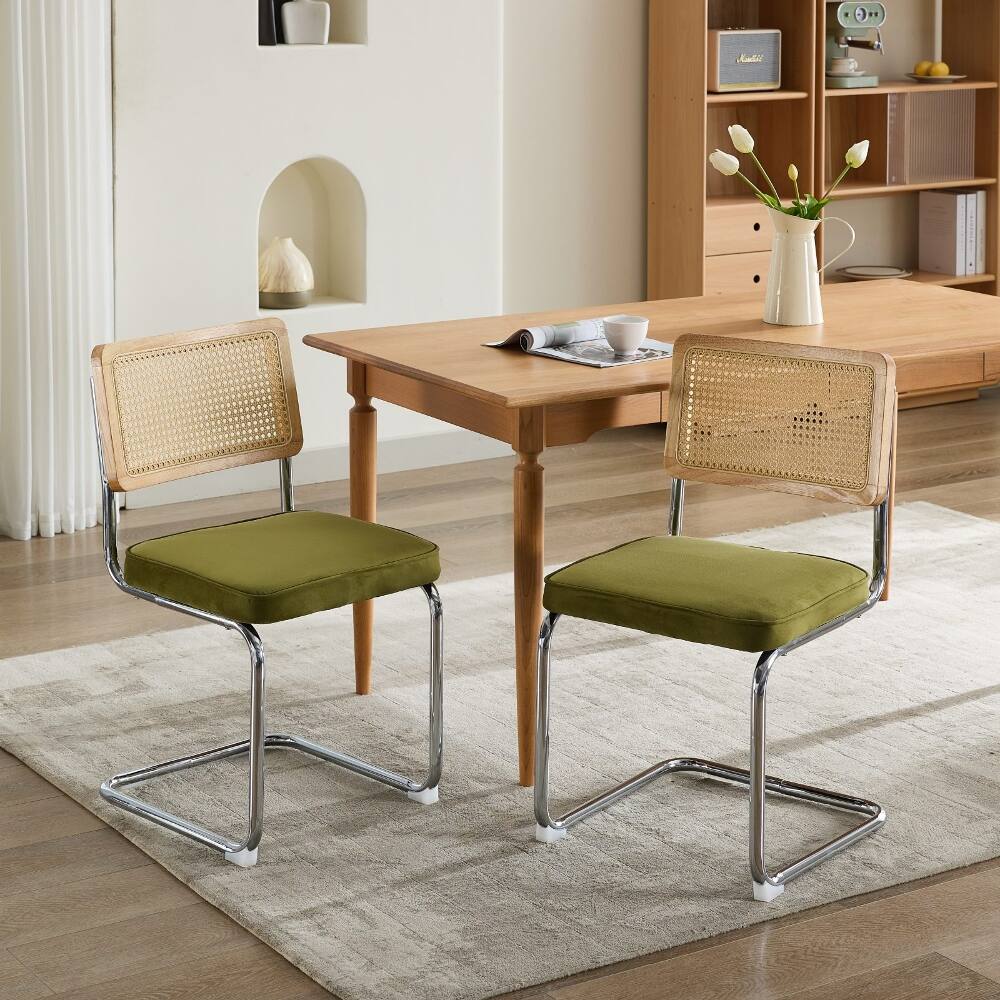 Front. Loheer - Loheer Mid-Century Dining Chairs Set of 2, Olive Green Velvet Rattan Back Chairs with Chrome Base - Olive-Green.