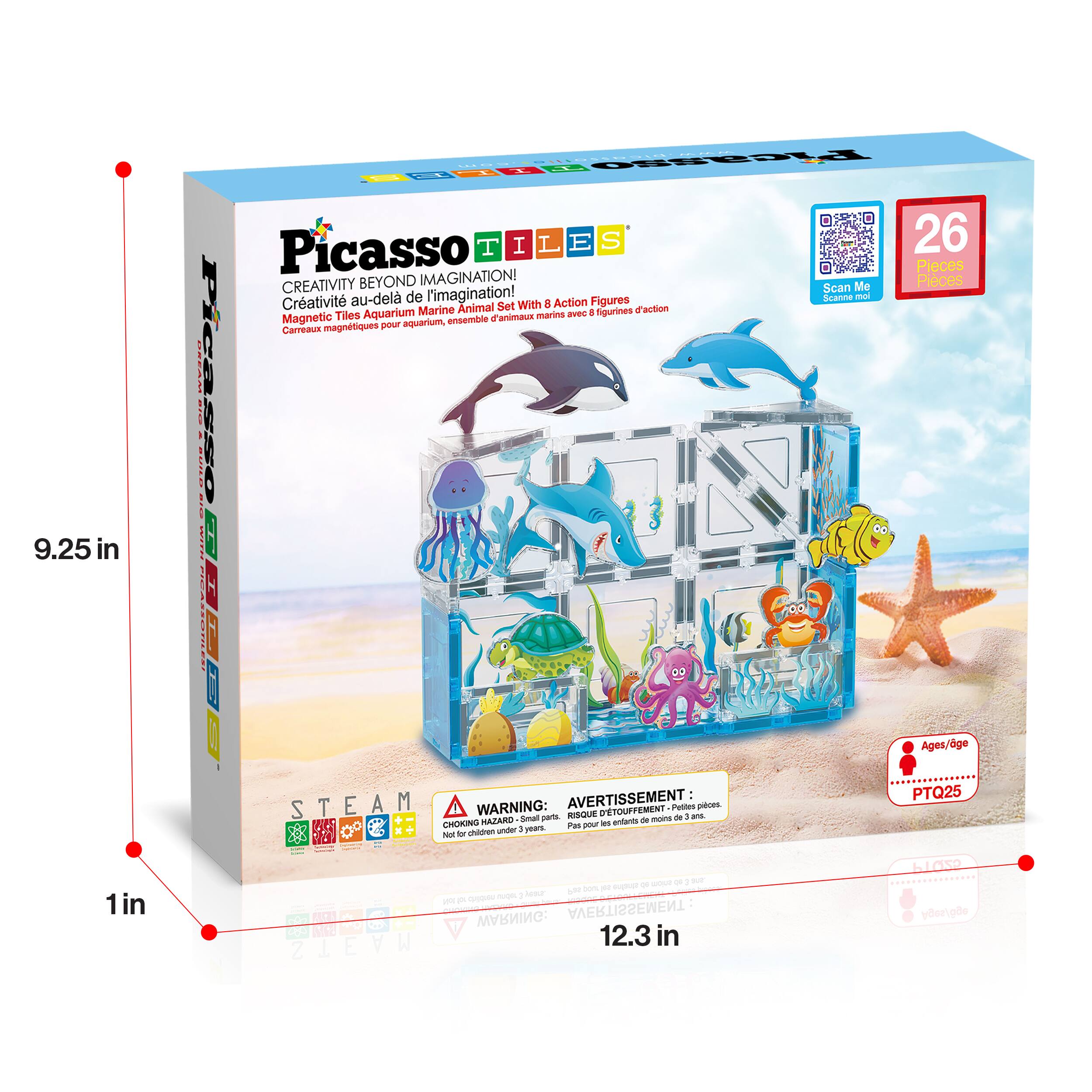 9.25 in x 12.3 in

Picasso Tiles

Creativity Beyond Imagination!  
Créativité au-delà de l'imagination!

26 Pieces  
Scan Me  
Scanne-moi

With 8 Action Figures  
Avec 8 figurines d'action

Magnetic Tiles Aquarium Marine Animal Set  
Carreaux magnétiques pour aquarium, ensemble d'animaux marins

STEAM

WARNING:  
CHOKING HAZARD - Small parts. Not for children under 3 years.  
AVERTISSEMENT:  
RISQUE D'ÉTOUFFEMENT - Petits éléments. Ne pas laisser les enfants de moins de 3 ans.

Ages/âge: PTQ25