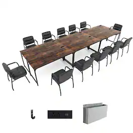 Costway - Set of 6 Meeting Room Desk with Charging Station & Headphone Hook Metal Frame - Rustic Brown,Black