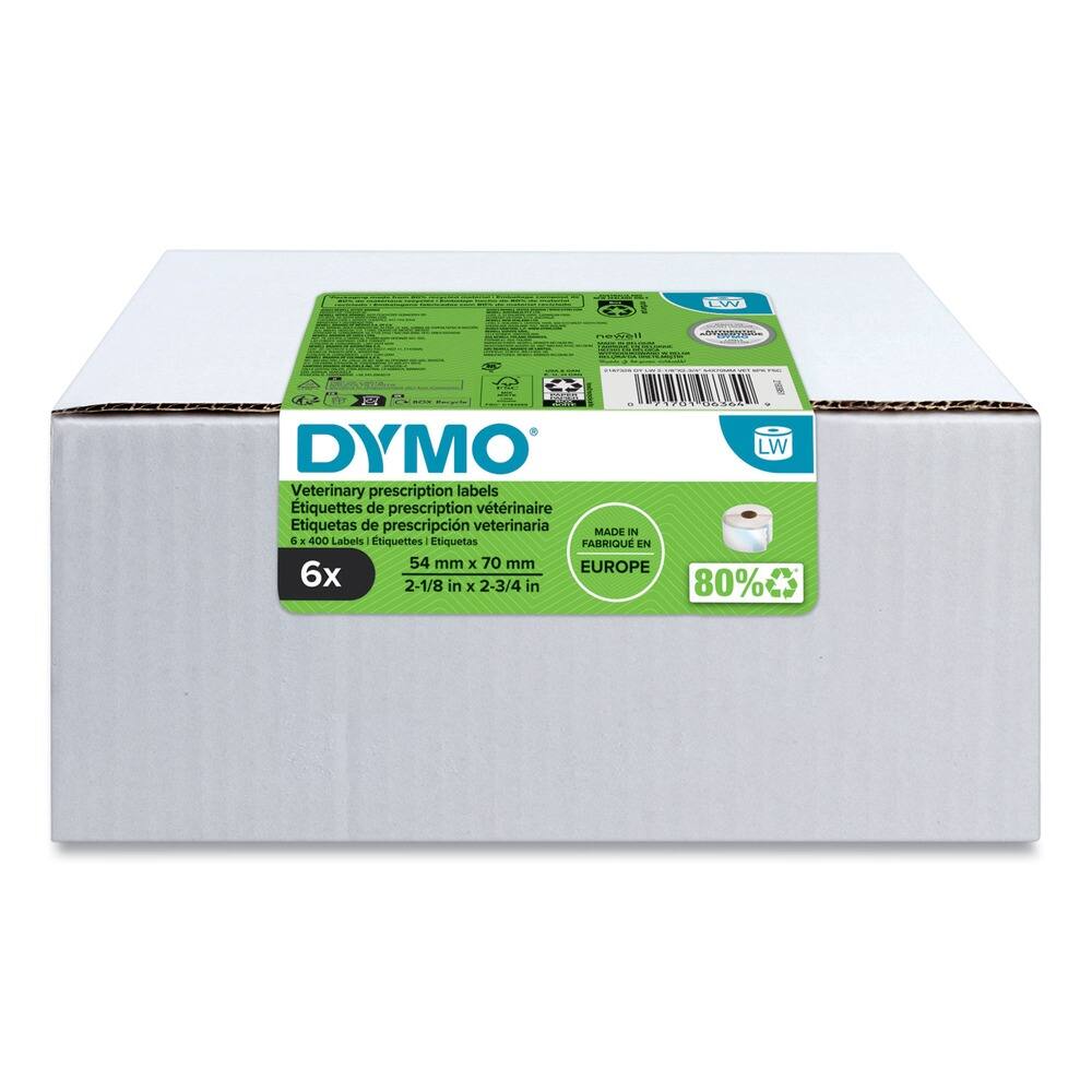 DYMO  
Veterinary prescription labels  
Etiquettes de prescription vétérinaire  
Etiquetas de prescripción veterinaria  

6x  
54 mm x 70 mm  
2-1/8 in x 2-3/4 in  

MADE IN EUROPE  
80% recyclable  

LW  
new2roll