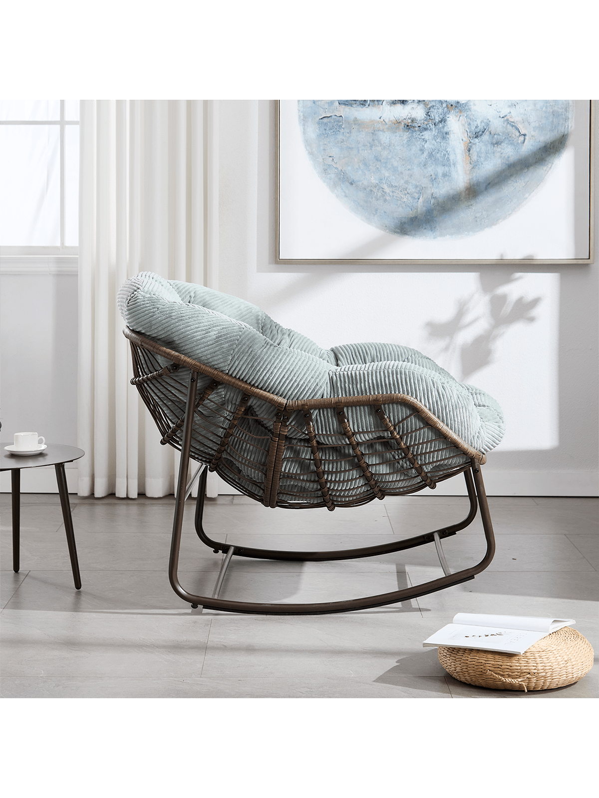 Back. Trinkets Crazed - Outdoor Indoor Rocking Chair Set Of 2, Oversized Patio Papasan Rocking Egg Chair With Padded Cushion - Olive Green.