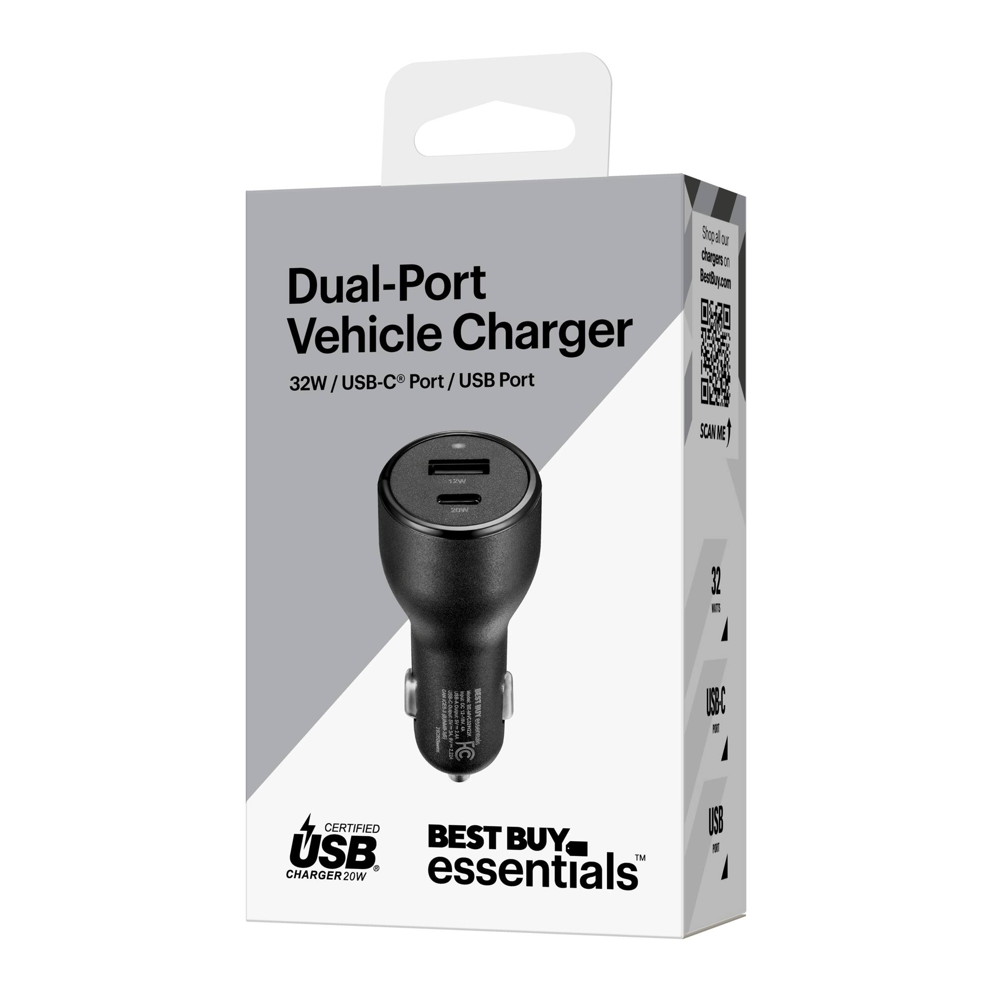 Best Buy essentials 32 W Vehicle Charger with 1 USB C 1 USB Port Black BE MVC32W22K Best Buy