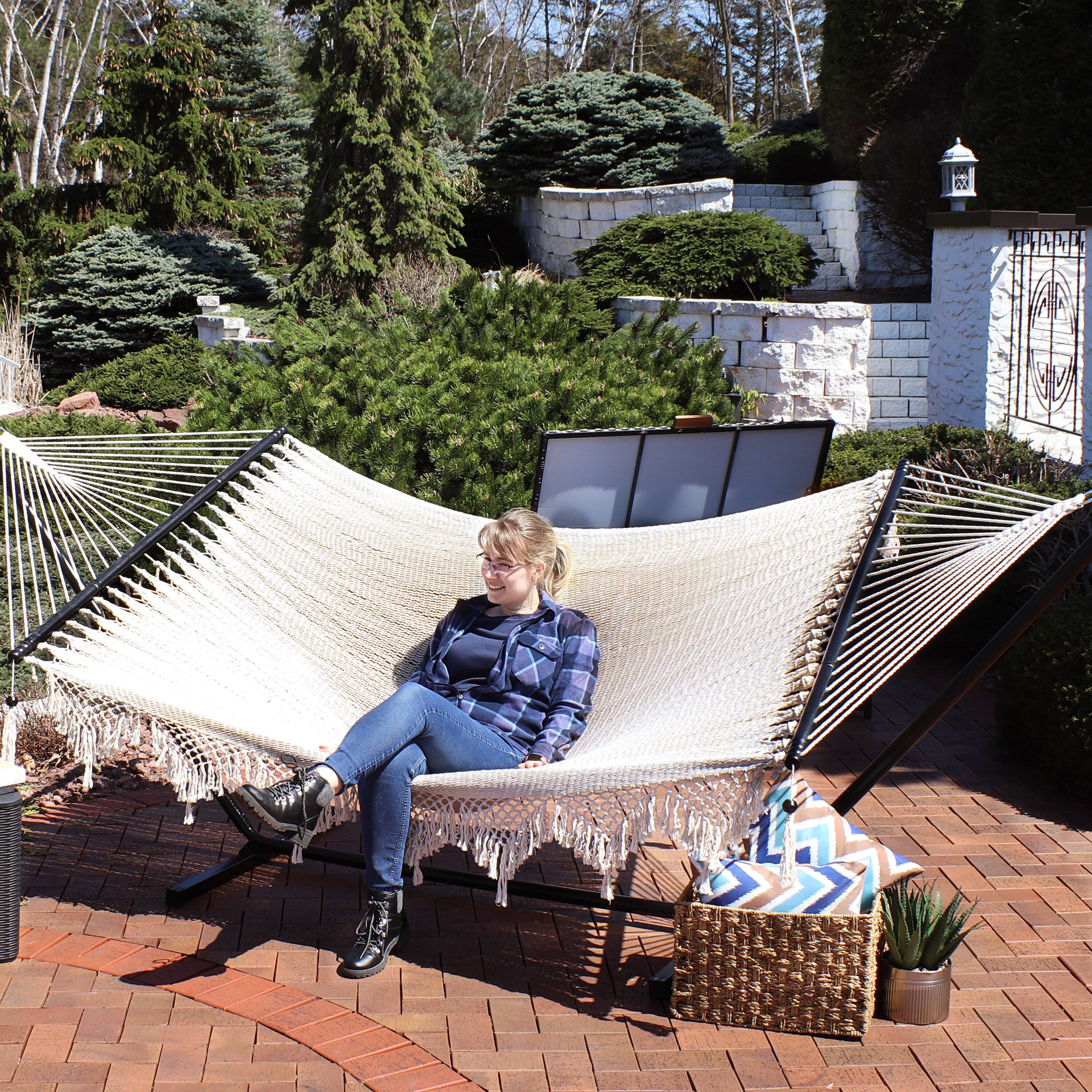 Alt View 10. Sunnydaze - 2-Person Woven Hammock with Spreader Bars and Fringe - Natural.