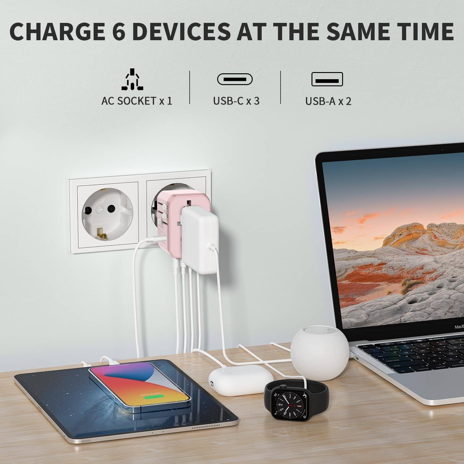 CHARGE 6 DEVICES AT THE SAME TIME AC SOCKET X 1 USB-C X 3 USB-A X 2