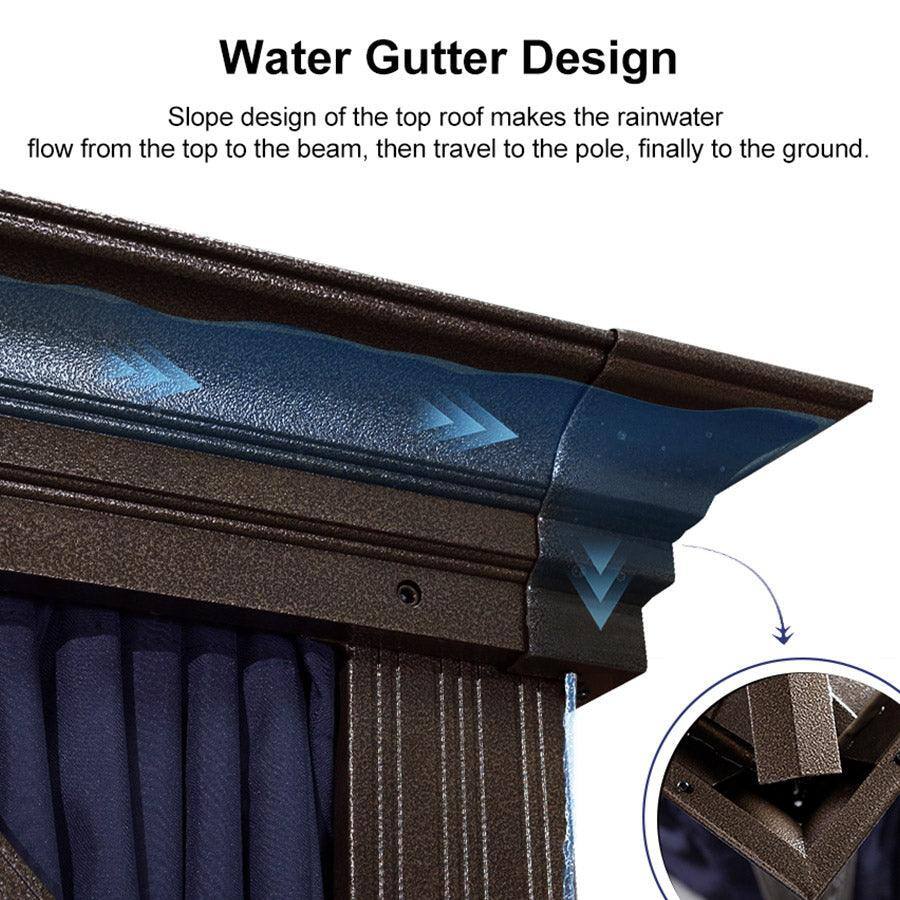 Water Gutter Design

Slope design of the top roof makes the rainwater flow from the top to the beam, then travel to the pole, finally to the ground.
