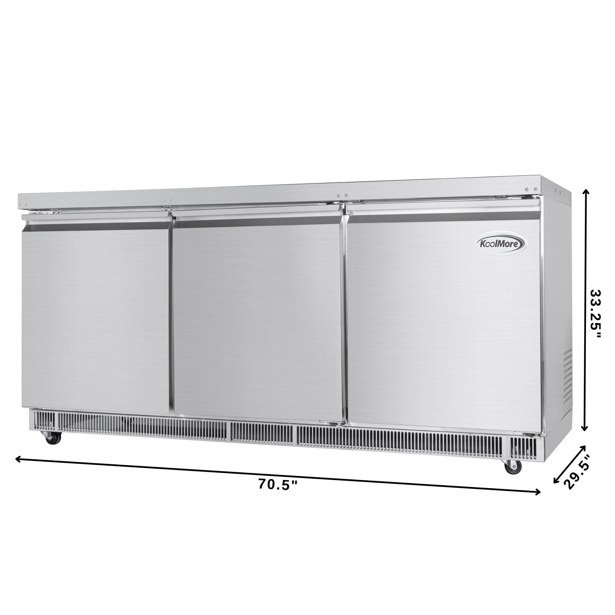 The text on the image reads "KoolMore 33.25" 70.5" 29.5". This information indicates the dimensions of the refrigerator, which are 33.25 inches in width, 70.5 inches in height, and 29.5 inches in depth.