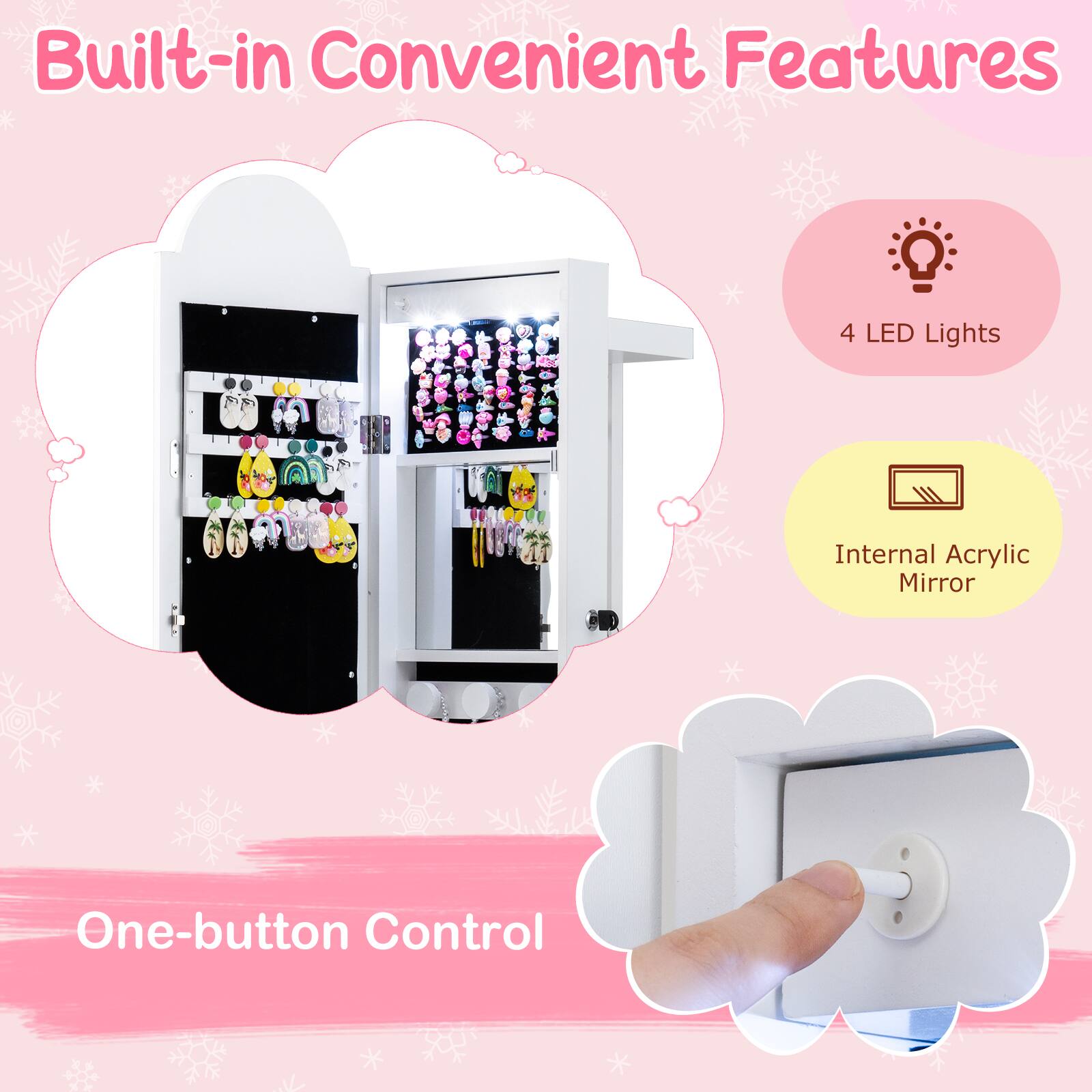 Built-in Convenient Features

- 4 LED Lights
- Internal Acrylic Mirror
- One-button Control