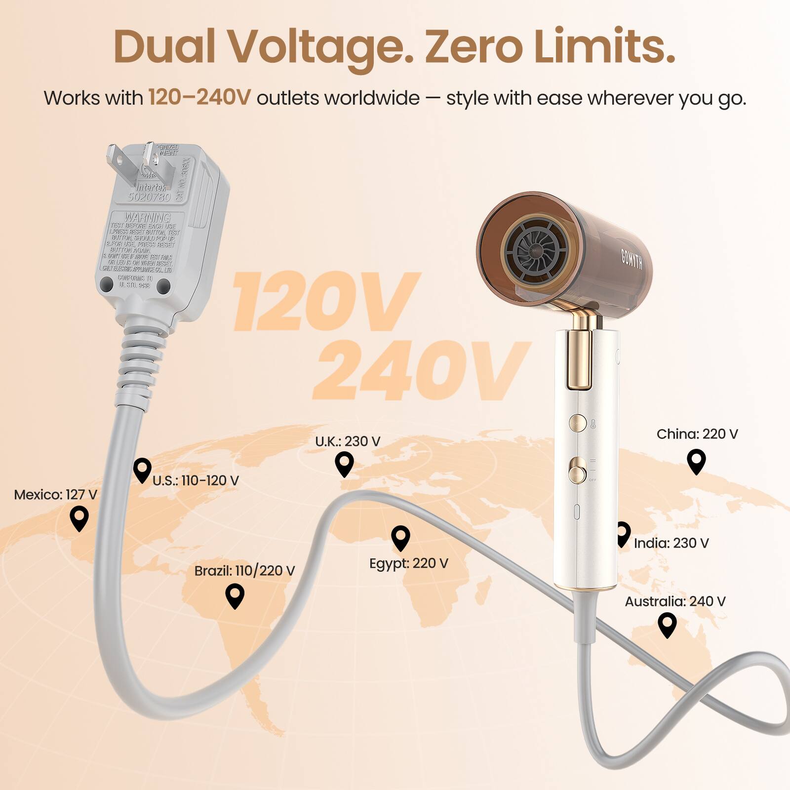 Dual Voltage. Zero Limits.  
Works with 120-240V outlets worldwide - style with ease wherever you go.

120V 240V

U.K.: 230 V  
China: 220 V  
Mexico: 127 V  
U.S.: 110-120 V  
Brazil: 110/220 V  
Egypt: 220 V  
India: 230 V  
Australia: 240 V