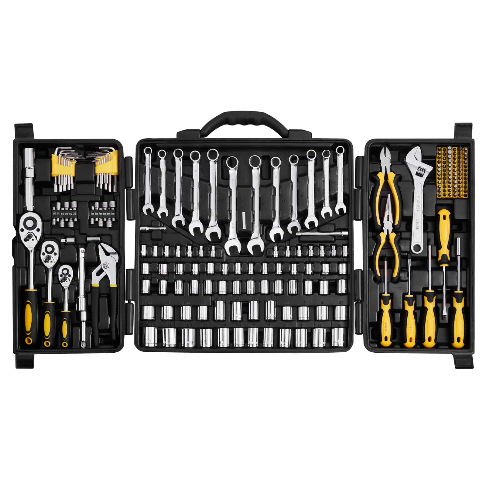 VEVOR - 207-Piece Mechanics Tool Set, 1/4" 3/8" 1/2" Drive Sockets, SAE and Metric Mechanic Tool Kit with Bits, Ratchet Handle - Black
