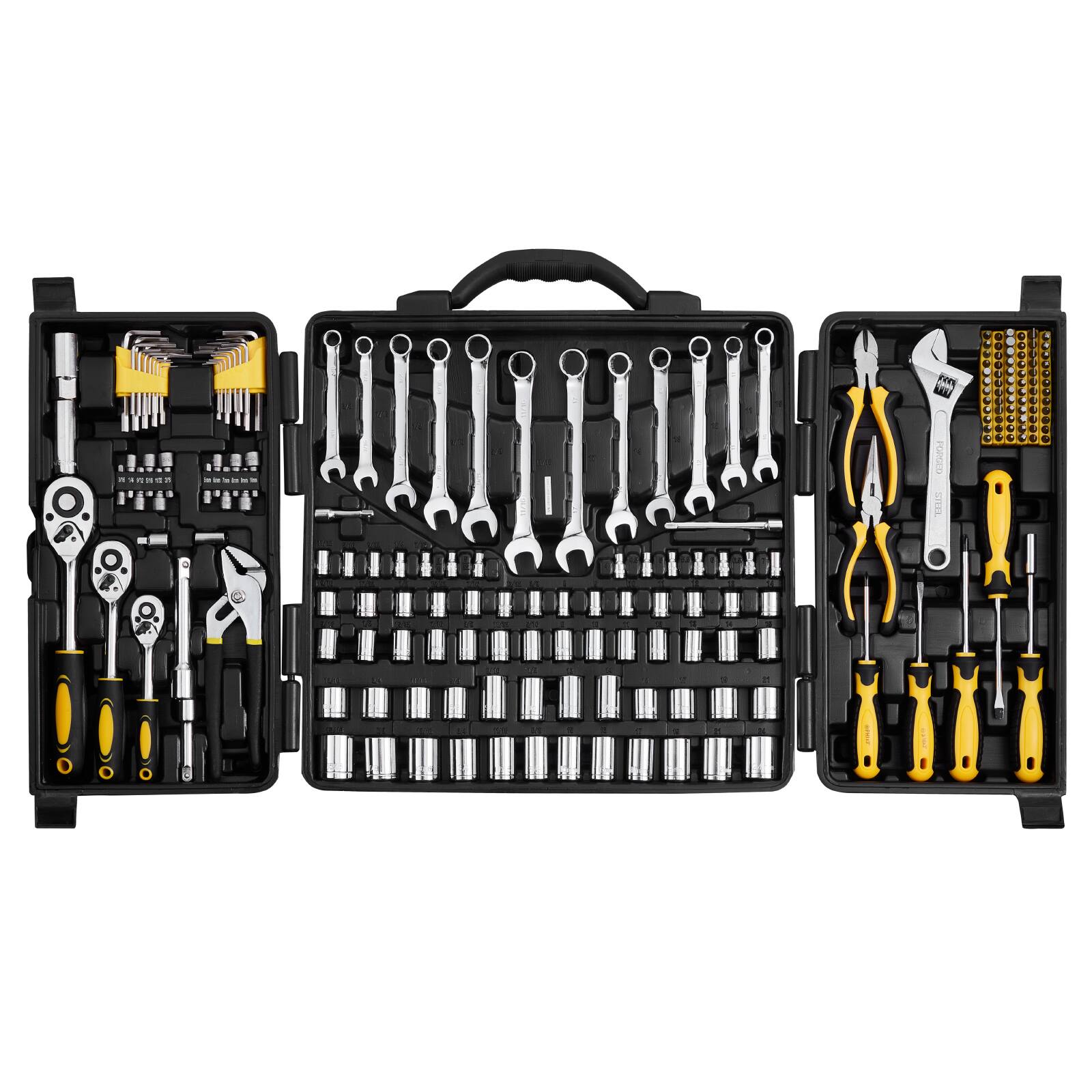 VEVOR - 207-Piece Mechanics Tool Set, 1/4" 3/8" 1/2" Drive Sockets, SAE and Metric Mechanic Tool Kit with Bits, Ratchet Handle - Black