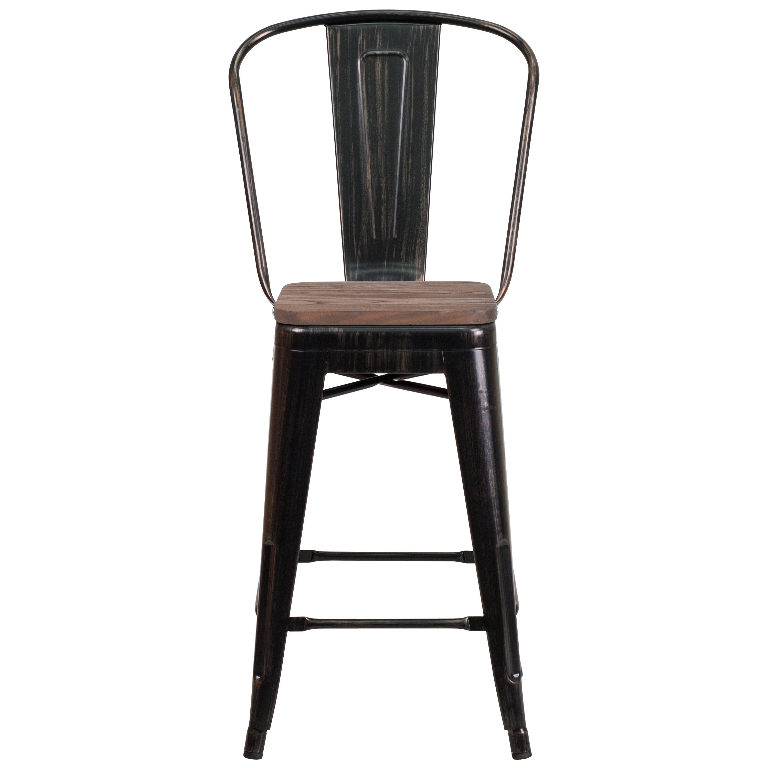 Alt View 7. Emma + Oliver - 24"H Metal Counter Height Stool with Back and Square Wood Seat - Black-Antique Gold.